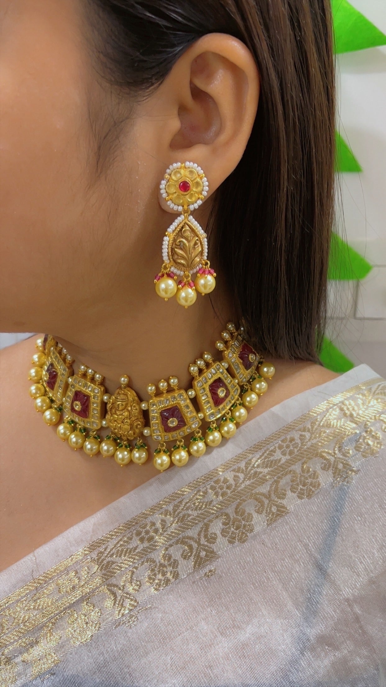 22K Gold Hallmarked Diamond Polki Lakshmi ji Necklace Jewelry