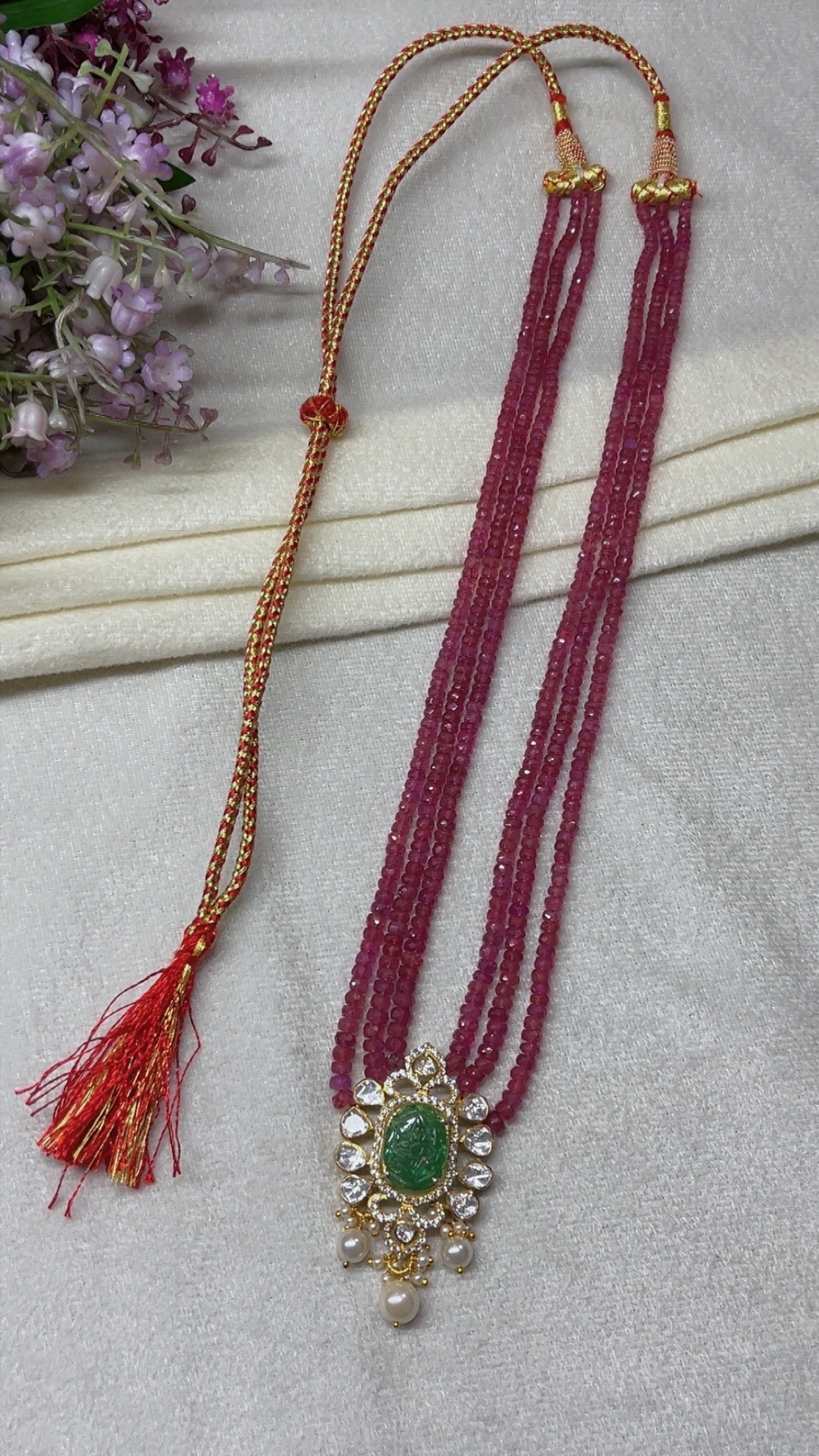 Designer 925 Silver Jewelry Natural Emerald Carving & Ruby Beads Gemstone Necklace