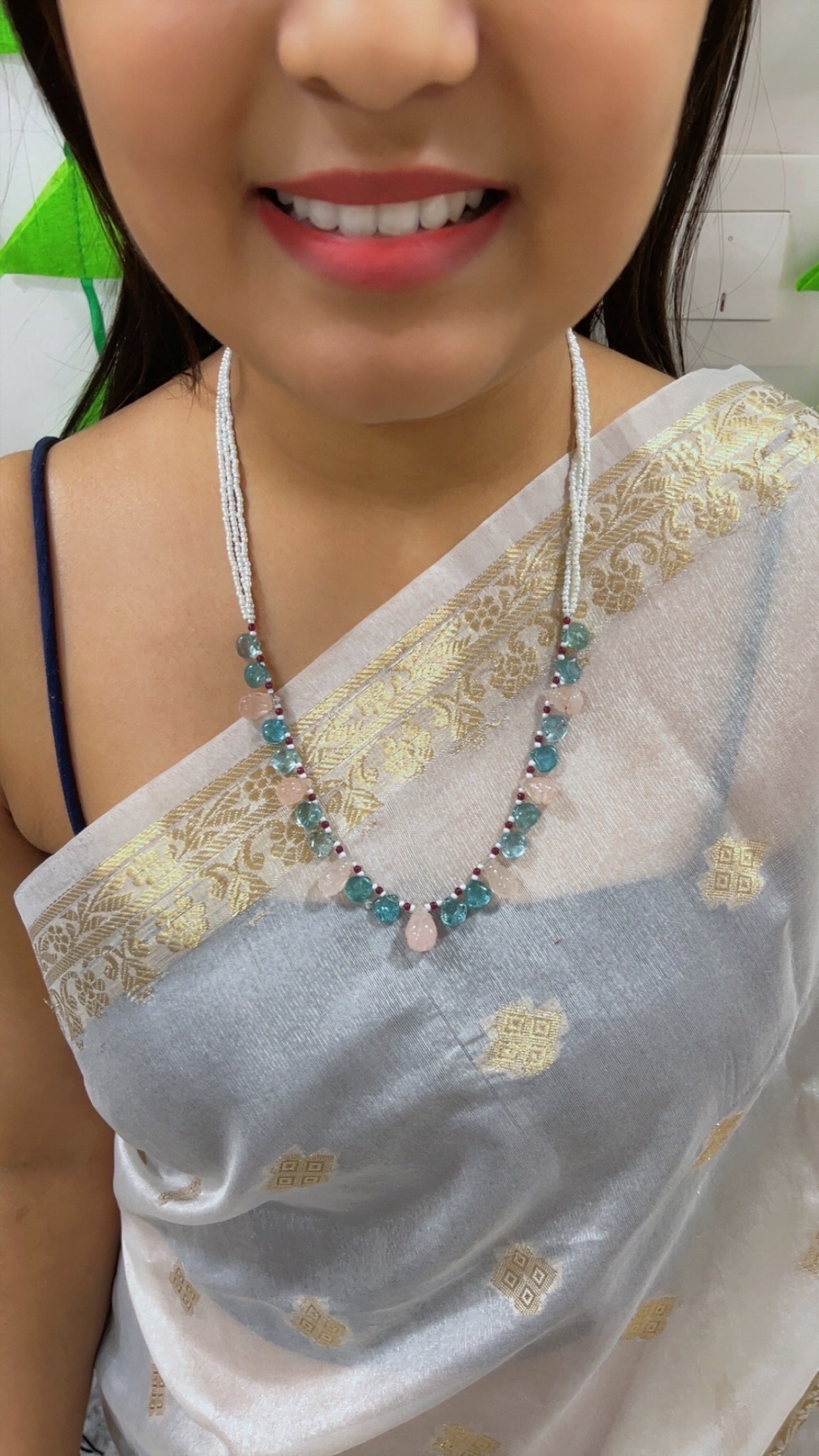 Natural Rose Quartz & Sky Apatite Beads Necklace Jewelry