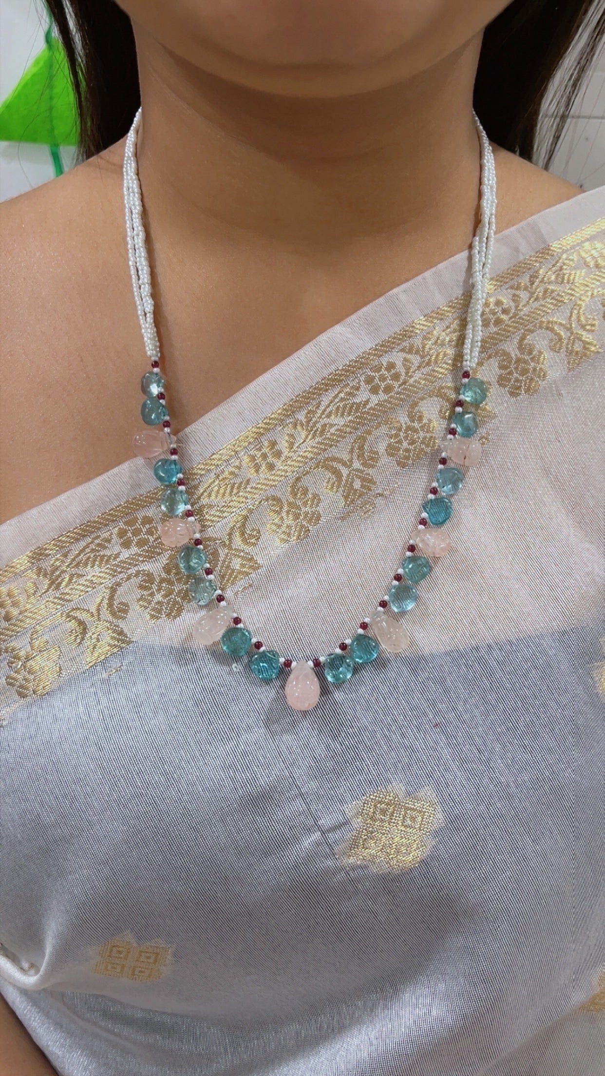 Natural Rose Quartz & Sky Apatite Beads Necklace Jewelry
