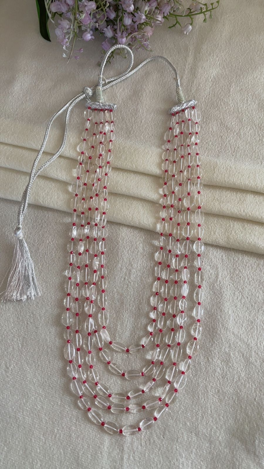 Natural White Quartz & Red Jade Beads Necklace Jewelry