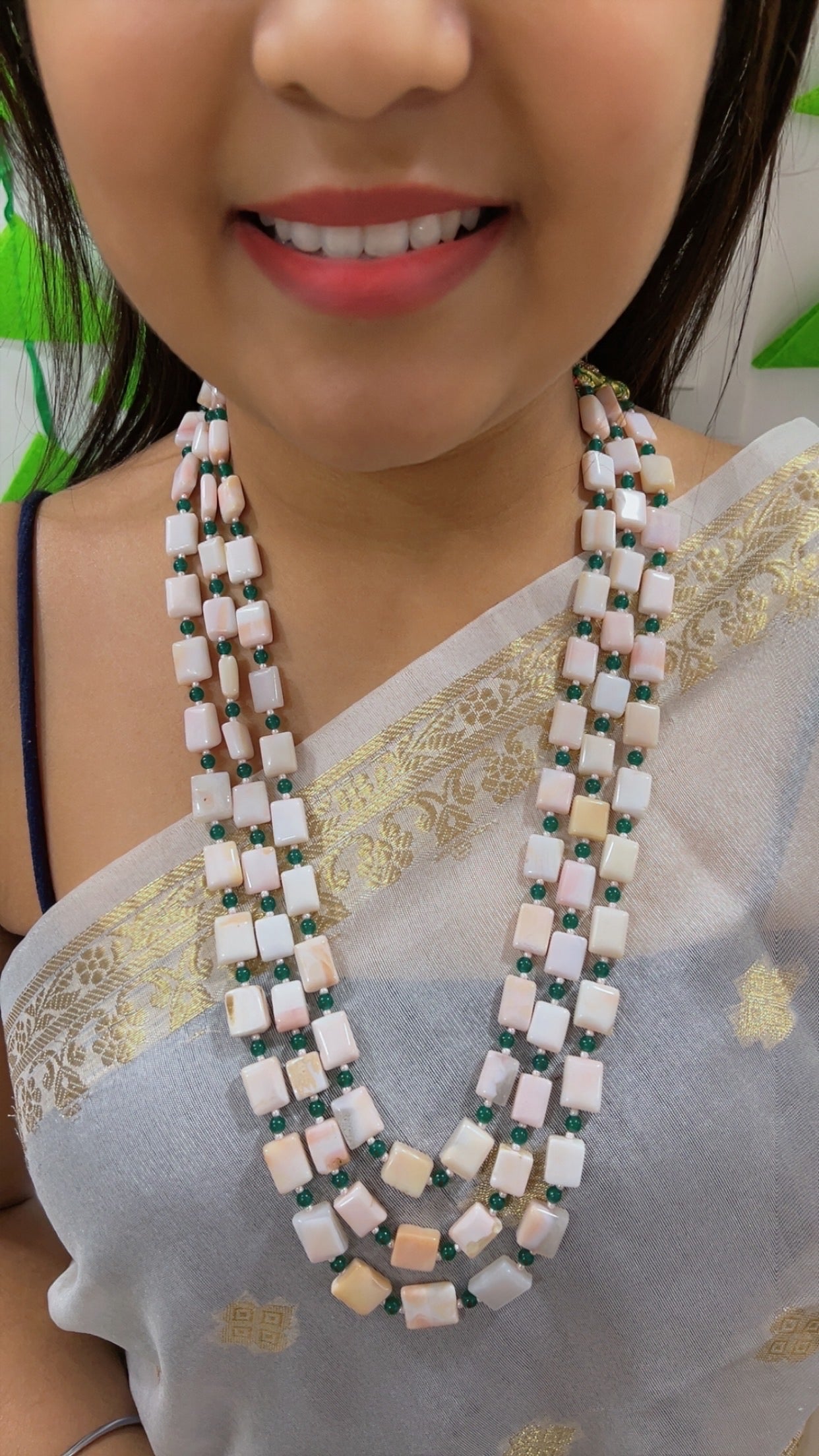 Natural Pink Opal & Green Jade Gemstone Beaded Necklace