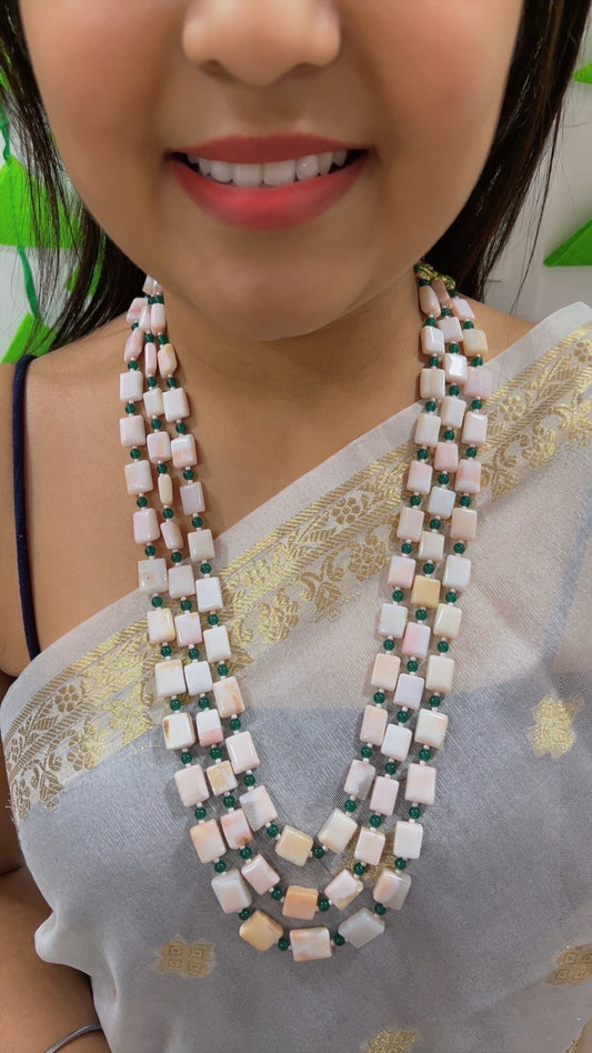 Natural Pink Opal & Green Jade Gemstone Beaded Necklace