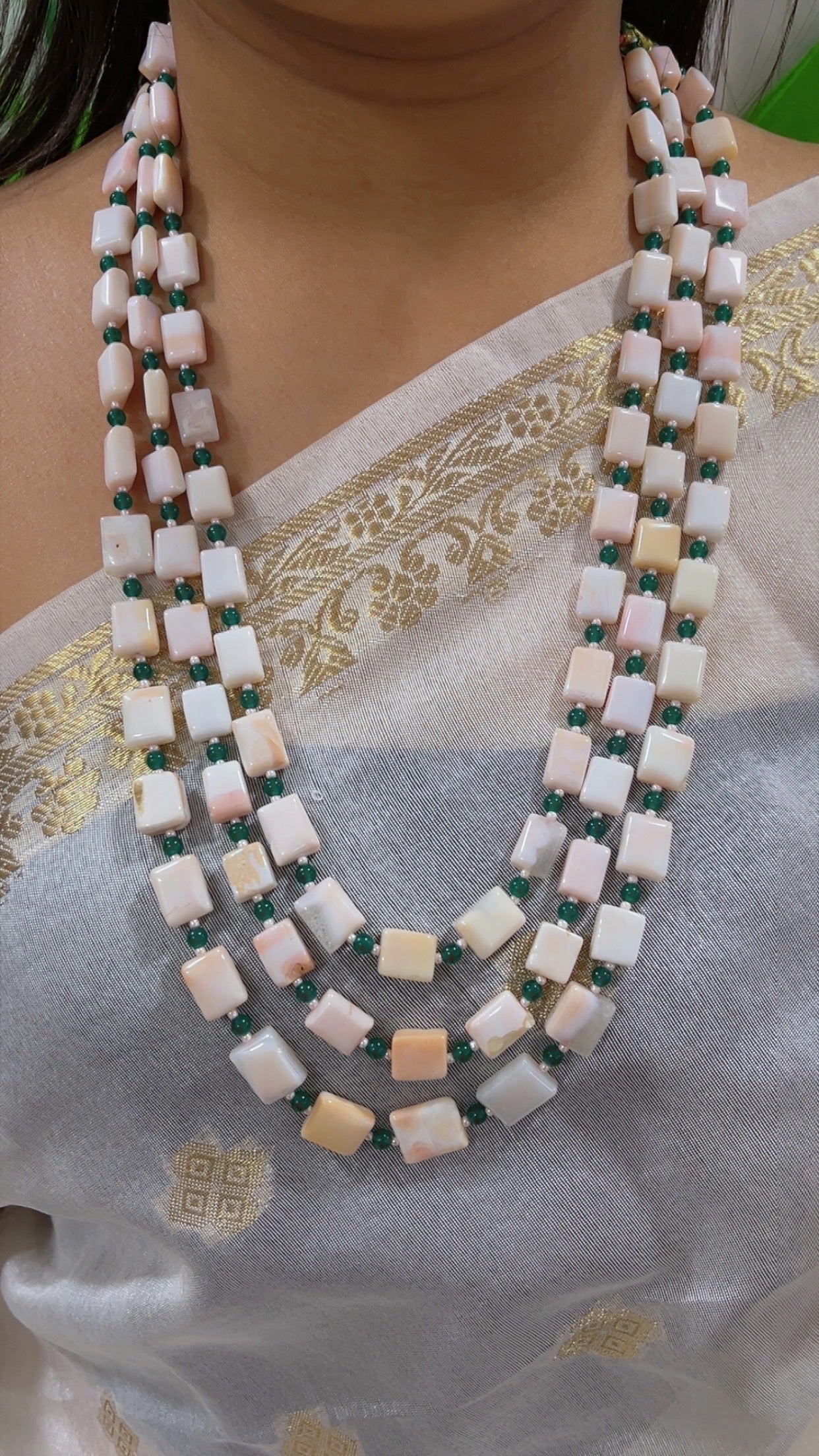Natural Pink Opal & Green Jade Gemstone Beaded Necklace