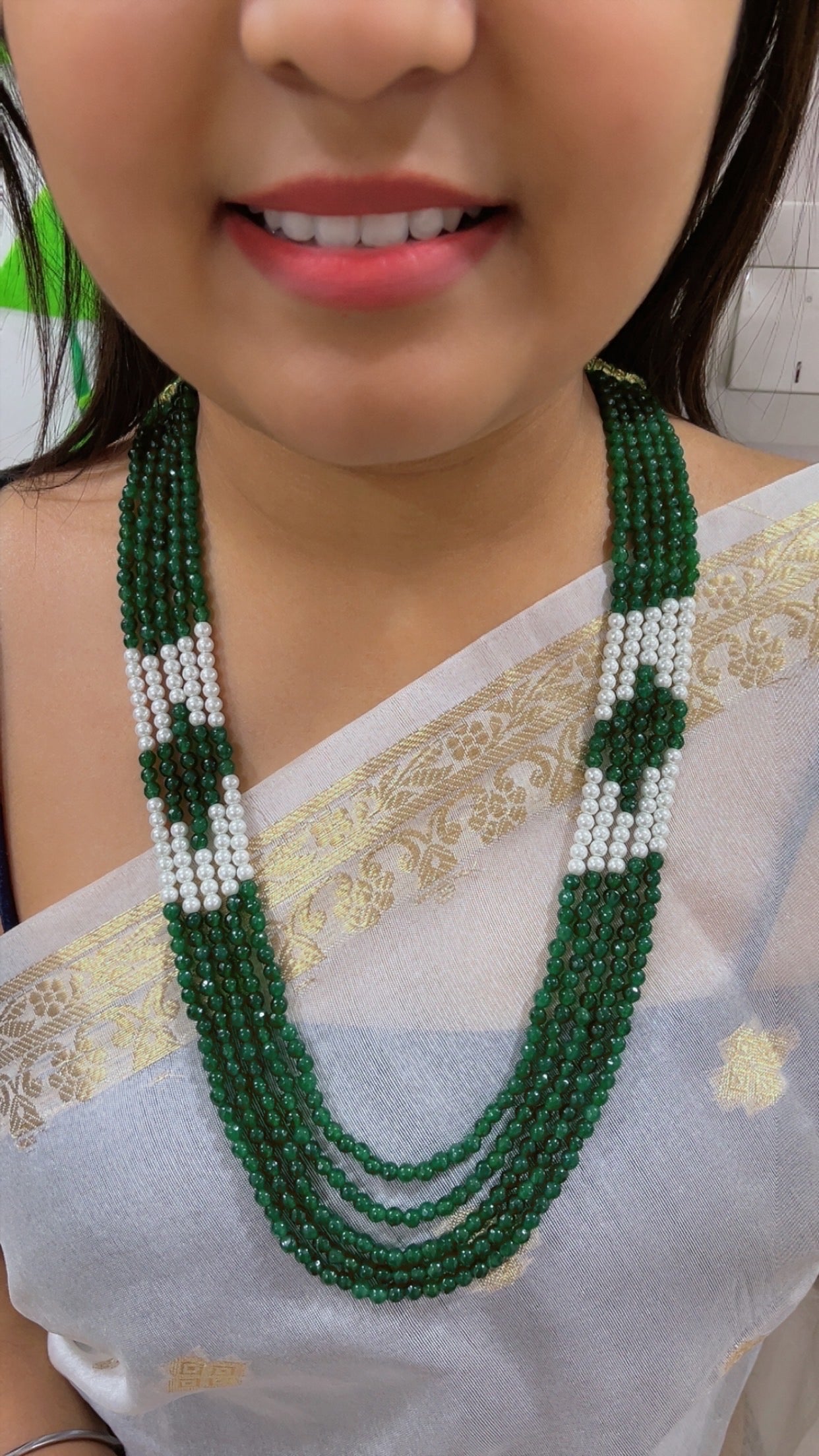 Natural Green Jade & Pearl Gemstone Beaded Necklace