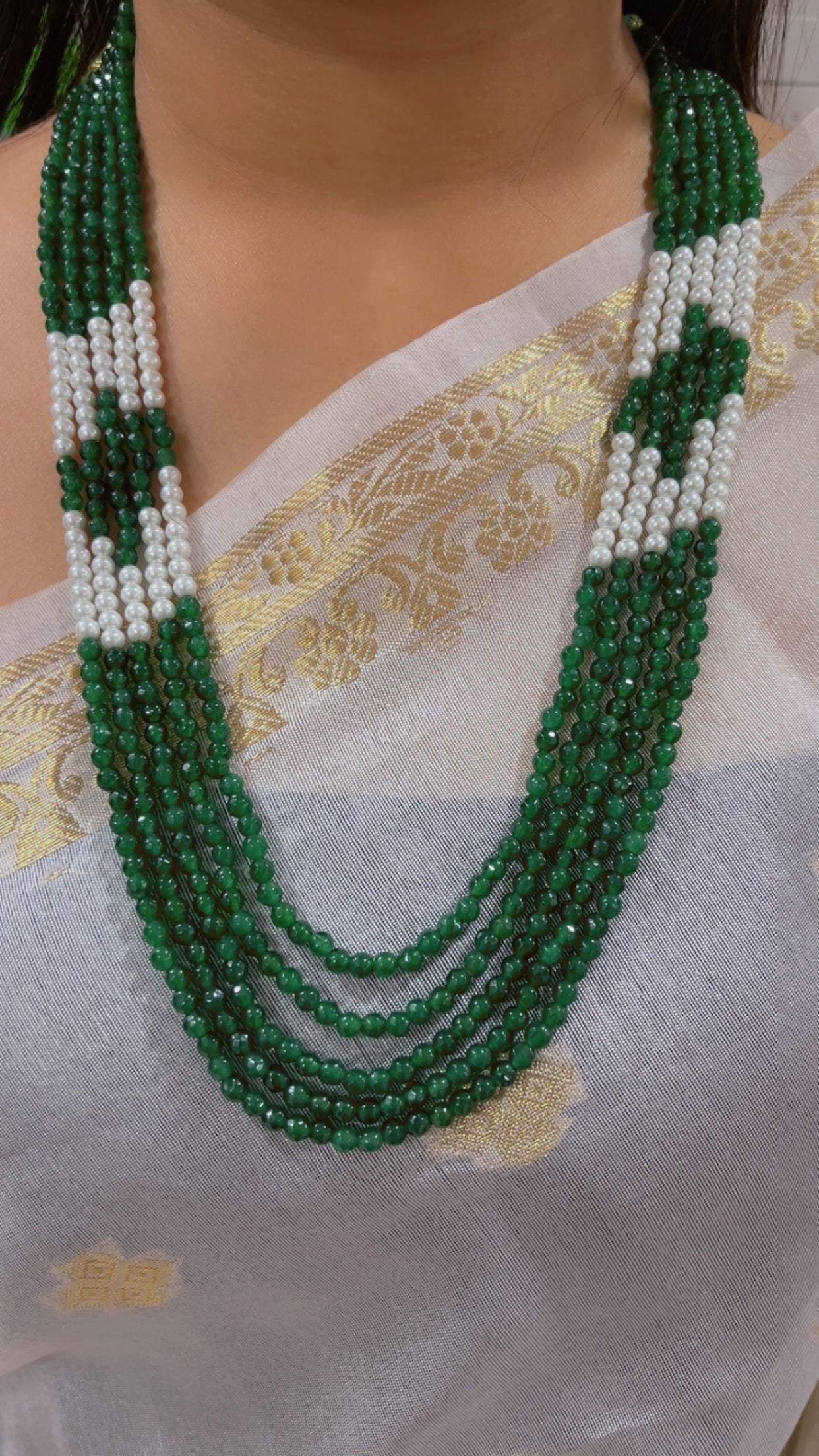 Natural Green Jade & Pearl Gemstone Beaded Necklace