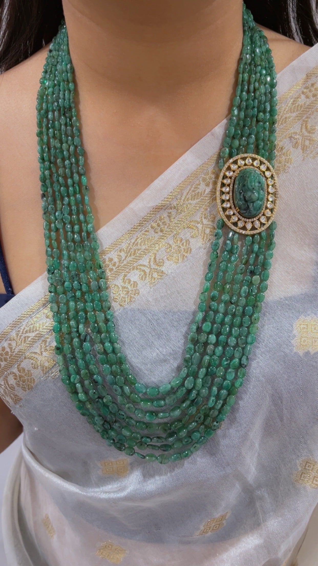 Natural Emerald 925 Silver Necklace with Emerald Ganesh ji Carving