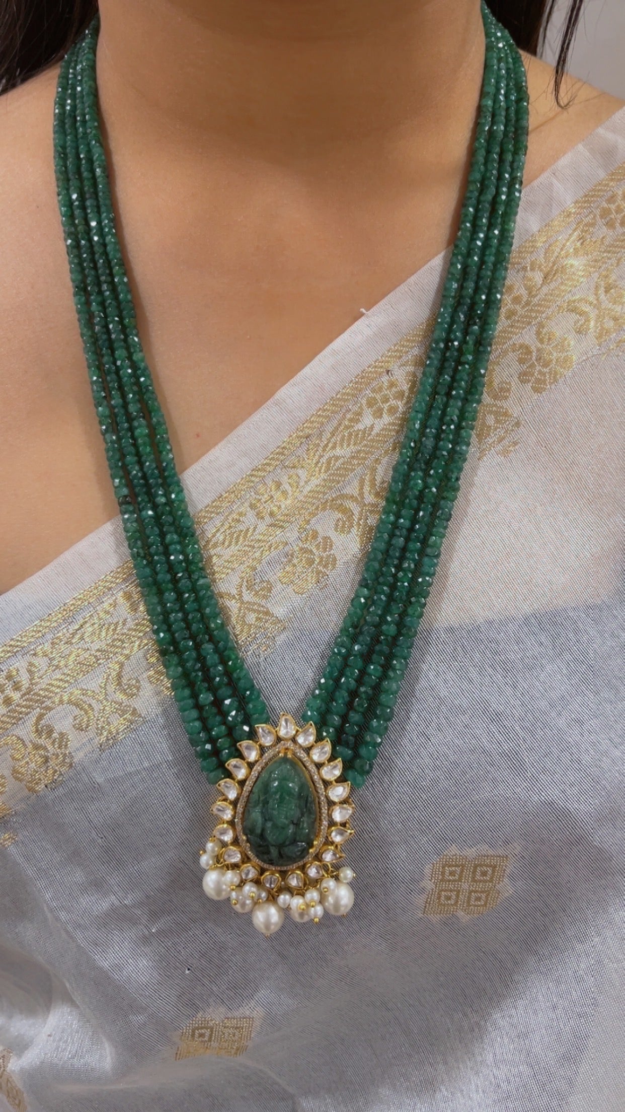 Natural Emerald 925 Silver Necklace with Emerald Ganesh ji Carving