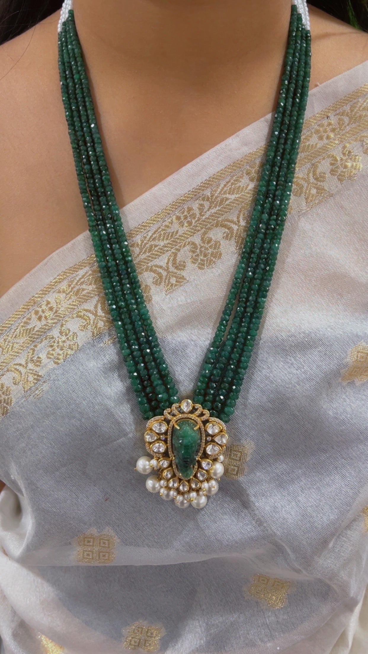 Natural Emerald 925 Silver Necklace with Emerald Ganesh ji Carving
