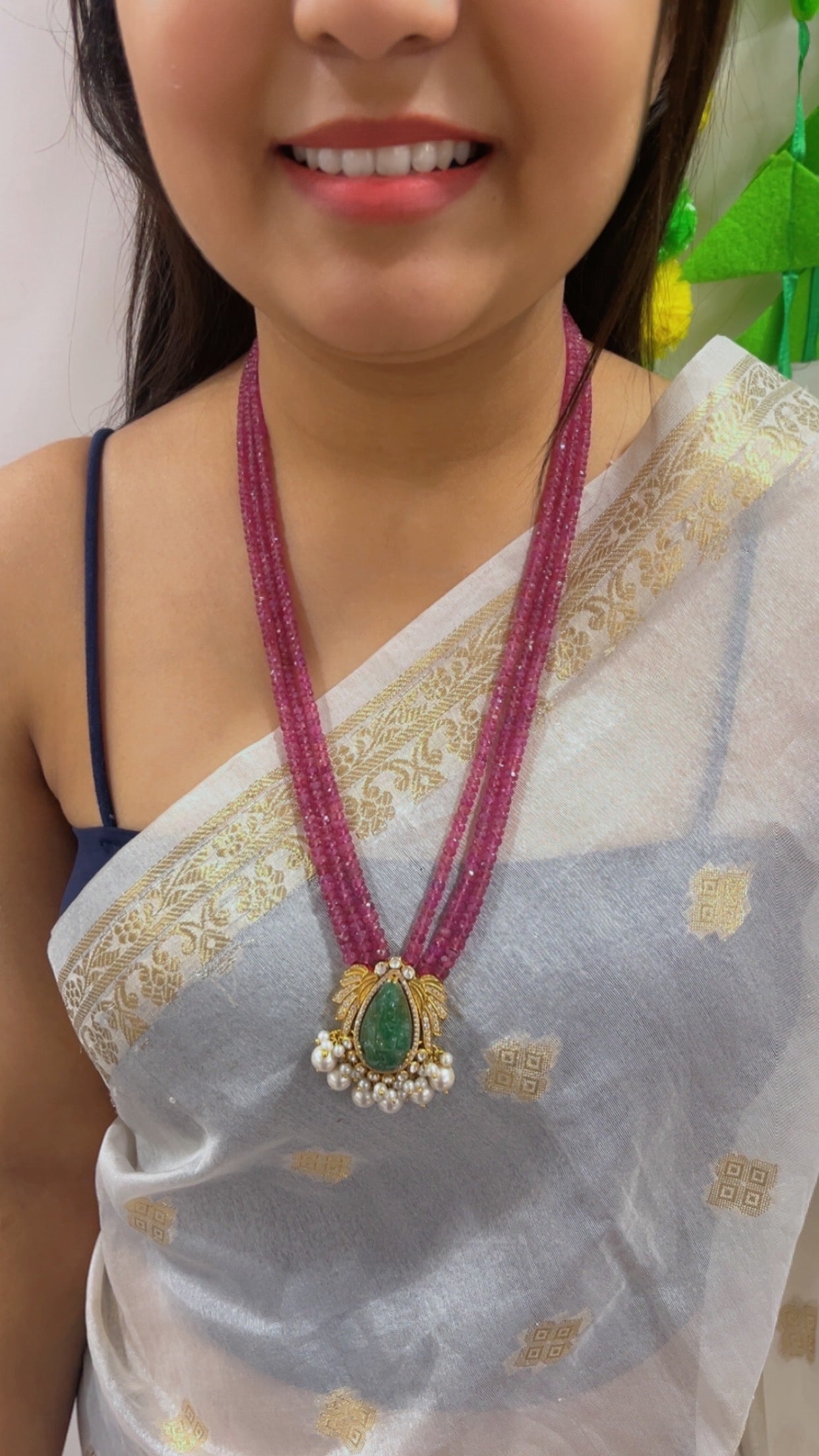 Natural Ruby 925 Silver Necklace with Emerald Ganesh ji Carving