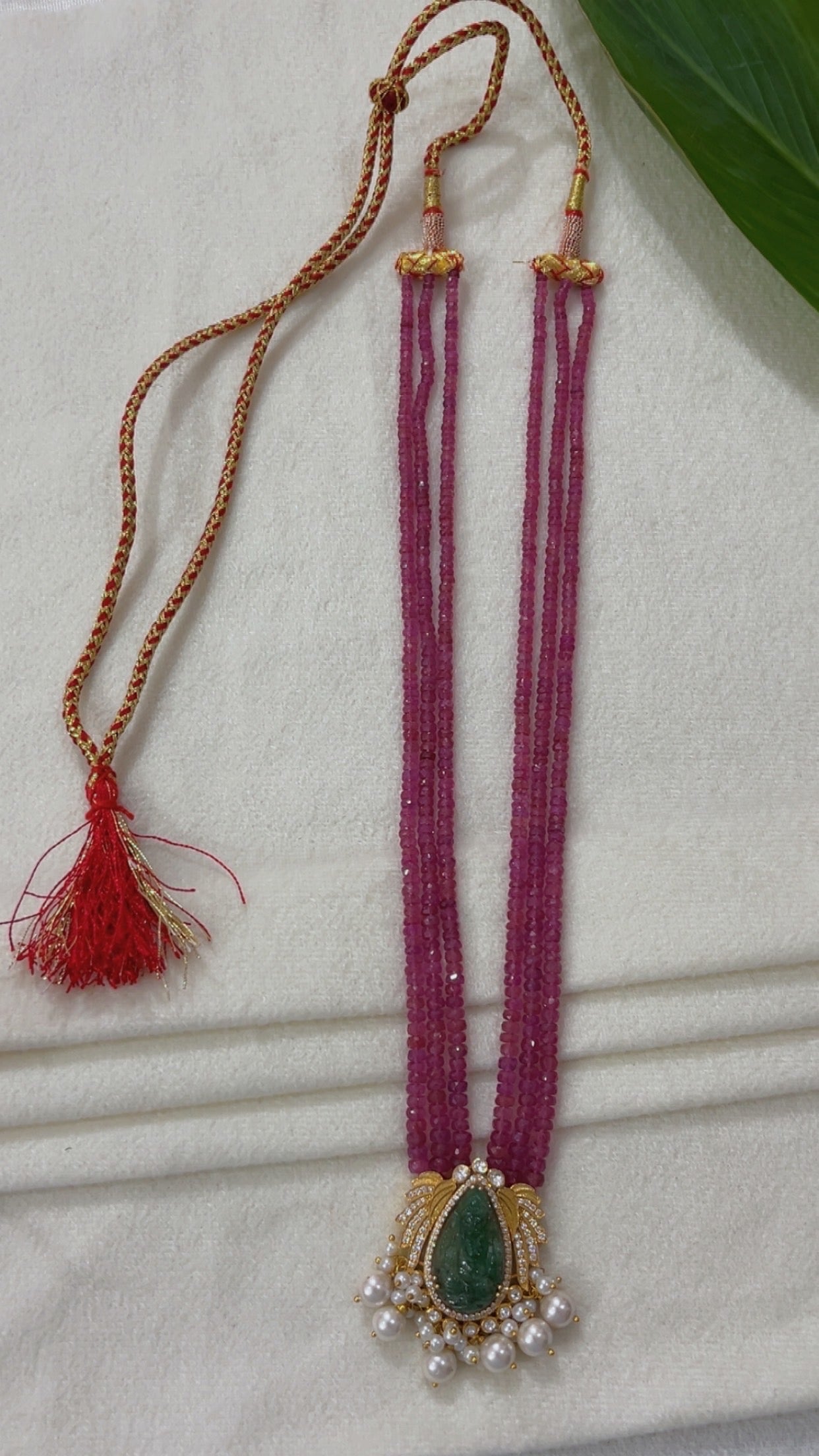 Natural Ruby 925 Silver Necklace with Emerald Ganesh ji Carving