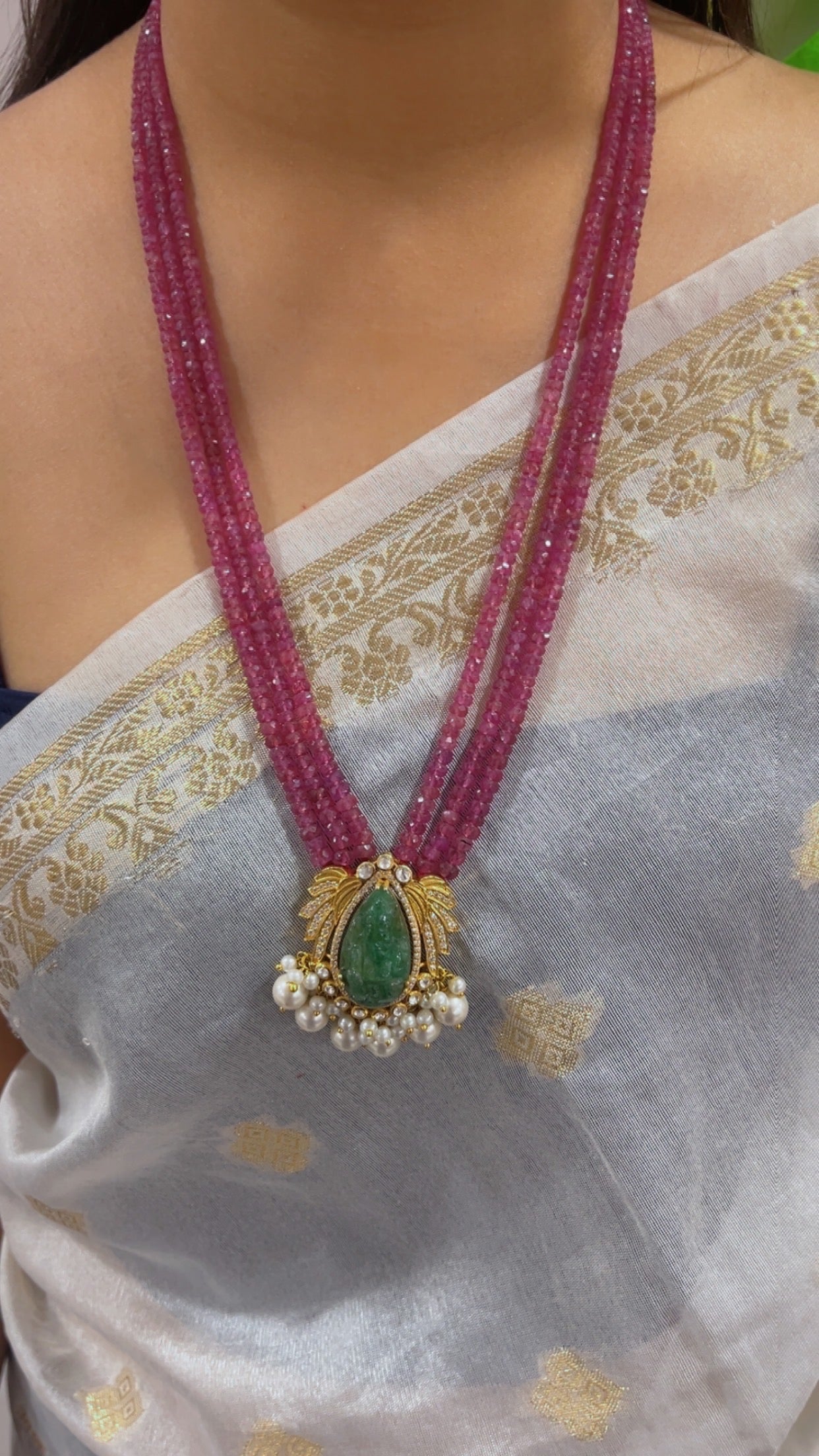 Natural Ruby 925 Silver Necklace with Emerald Ganesh ji Carving