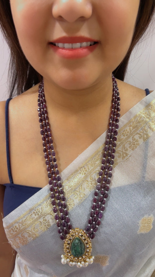 Natural Ruby 925 Silver Necklace with Emerald Ganesh ji Carving