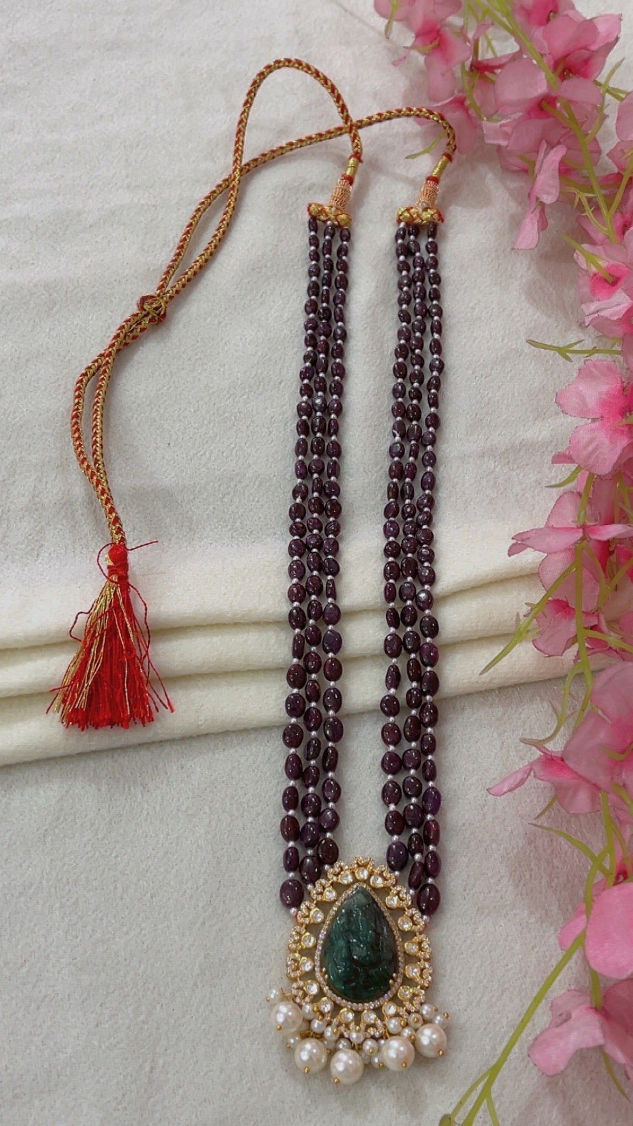 Natural Ruby 925 Silver Necklace with Emerald Ganesh ji Carving