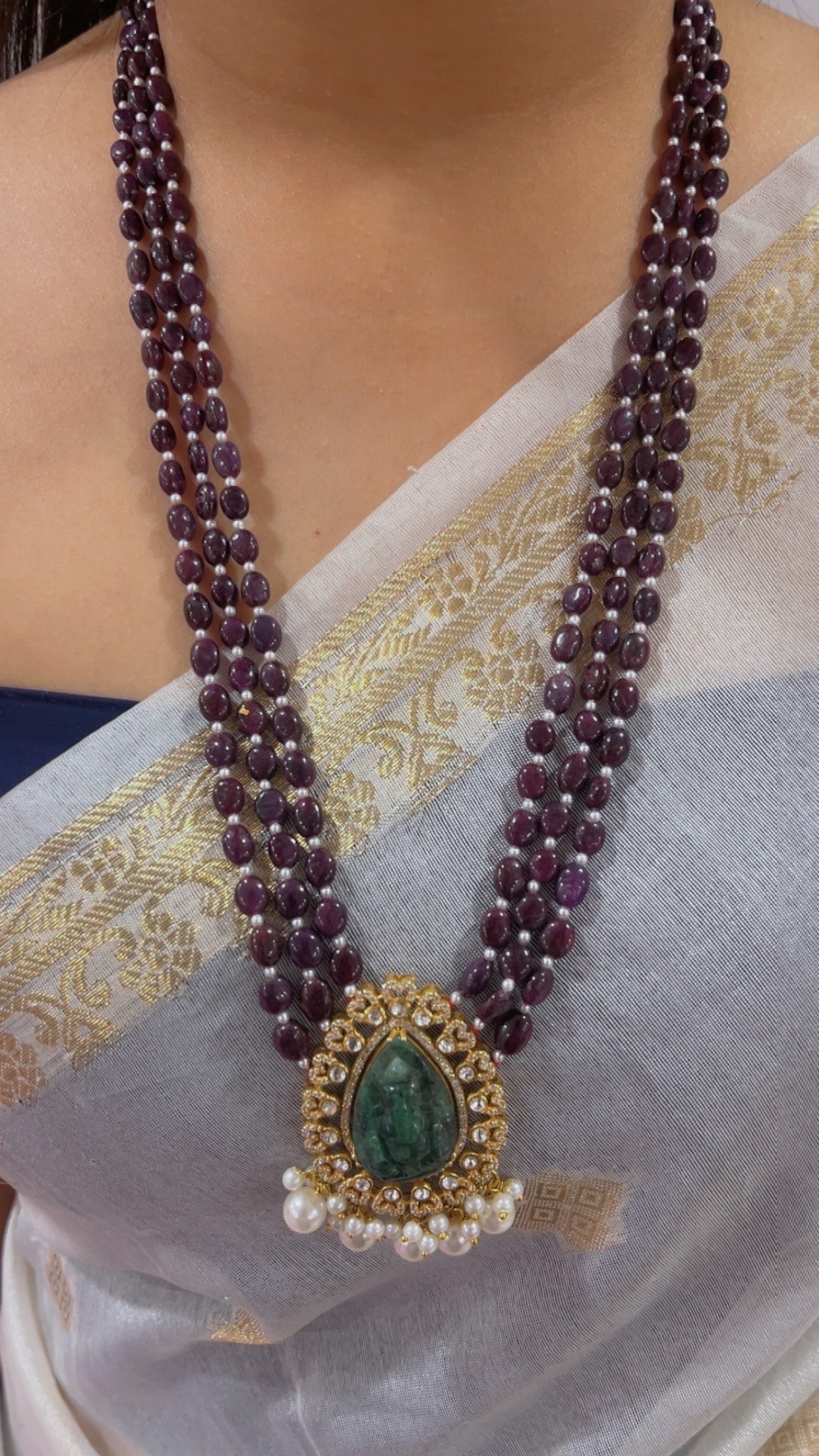 Natural Ruby 925 Silver Necklace with Emerald Ganesh ji Carving