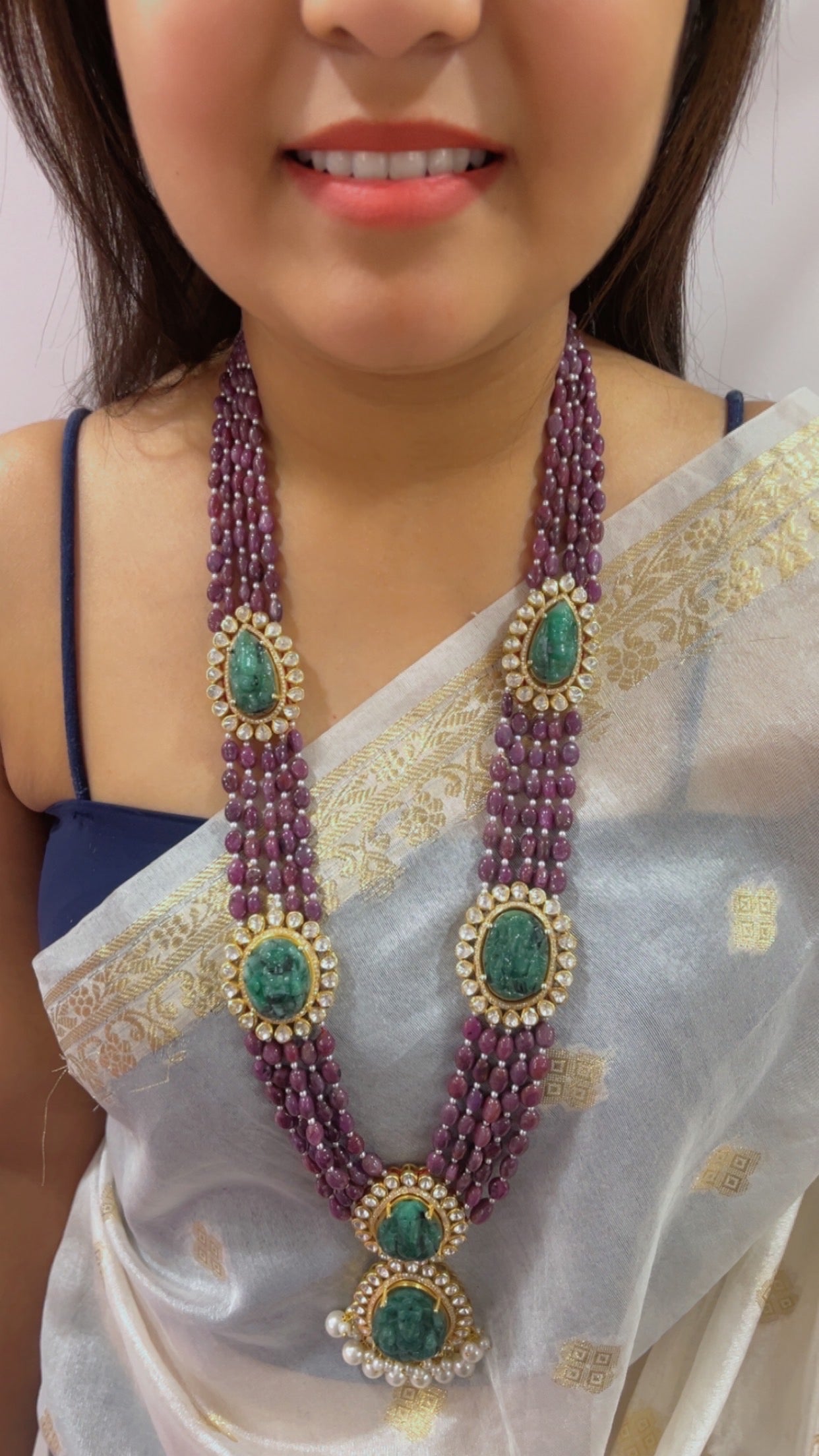 Natural Ruby 925 Silver Necklace with Emerald Ganesh ji Carving