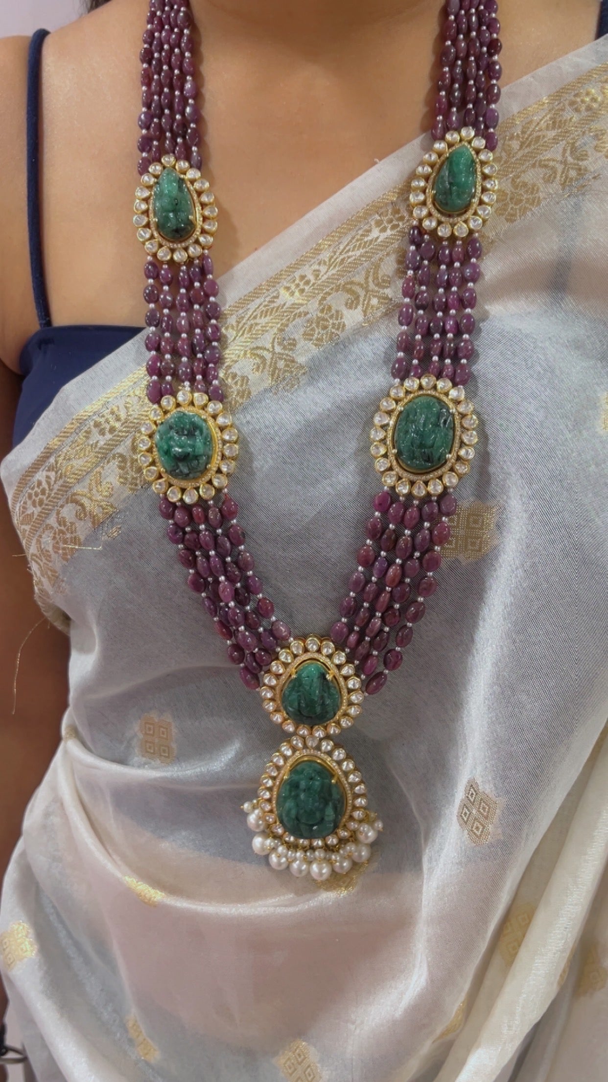 Natural Ruby 925 Silver Necklace with Emerald Ganesh ji Carving