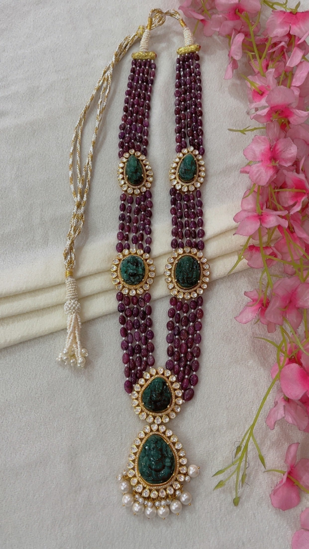 Natural Ruby 925 Silver Necklace with Emerald Ganesh ji Carving