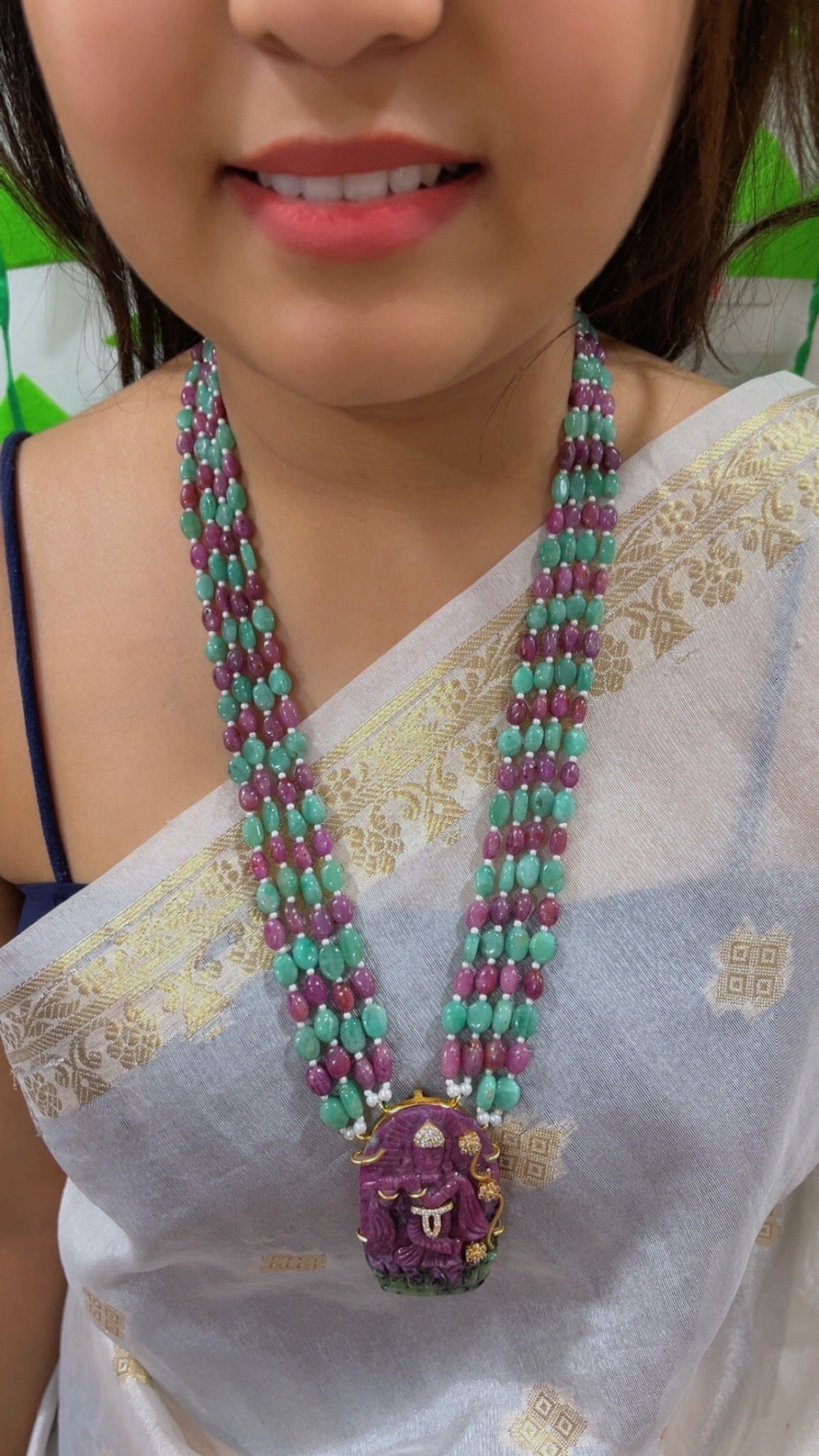 Natural Ruby & Emerald 925 Silver Necklace with Ruby Krishna Ji Carving