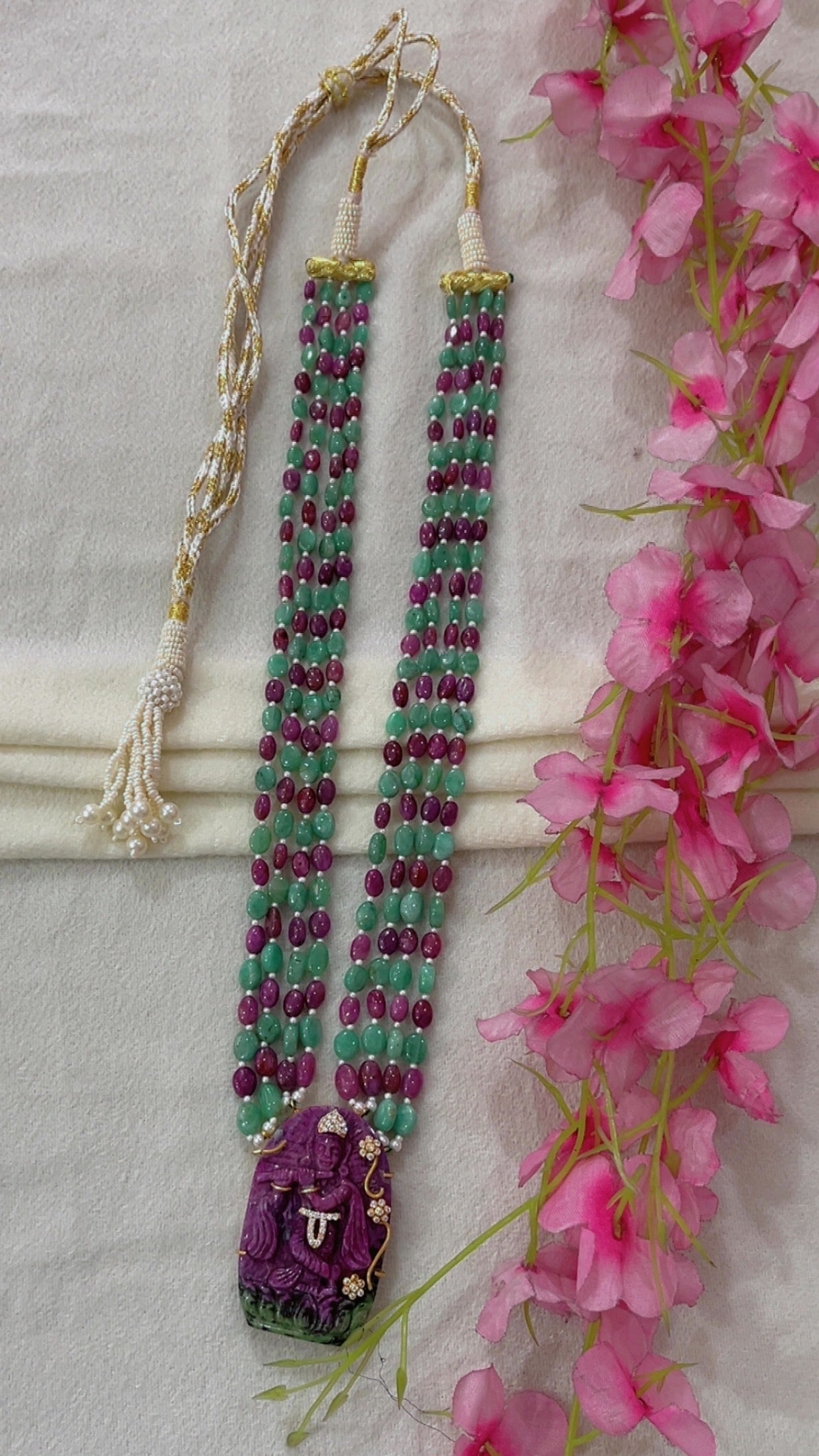 Natural Ruby & Emerald 925 Silver Necklace with Ruby Krishna Ji Carving