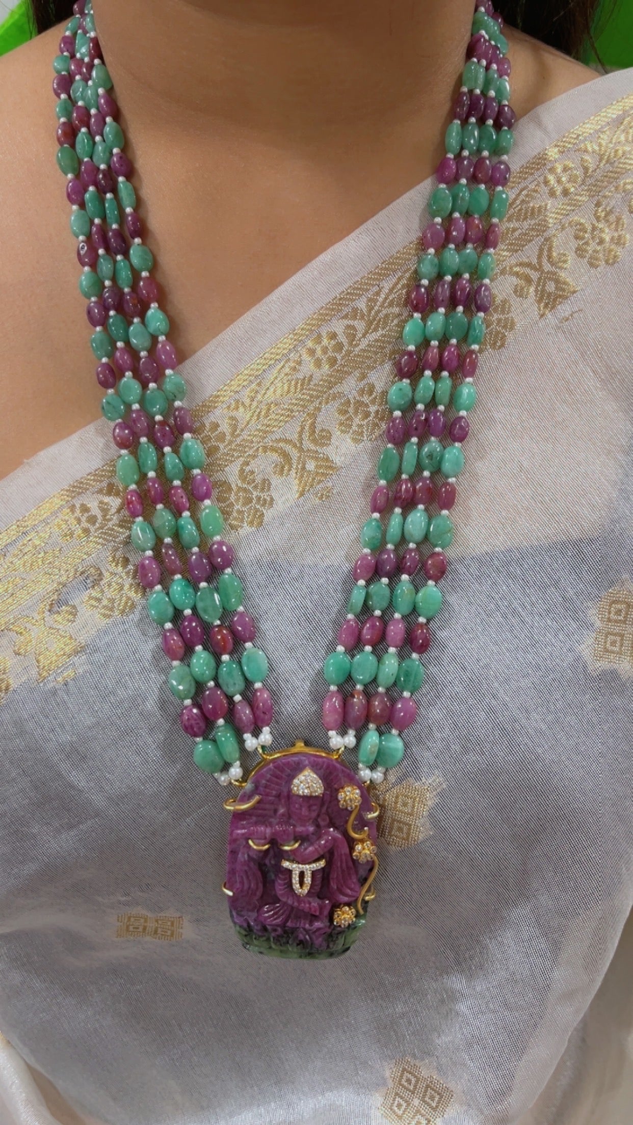 Natural Ruby & Emerald 925 Silver Necklace with Ruby Krishna Ji Carving
