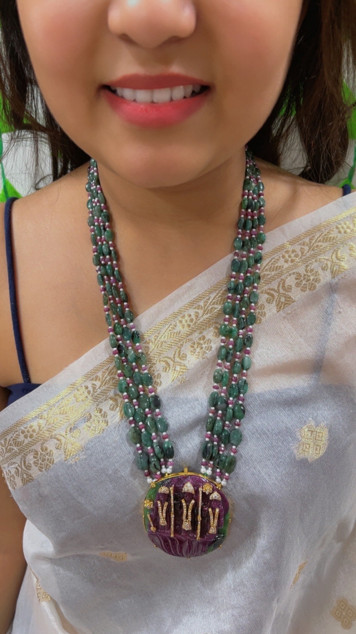 Natural Ruby & Emerald 925 Silver Necklace with Ruby Ram Darbar Carving