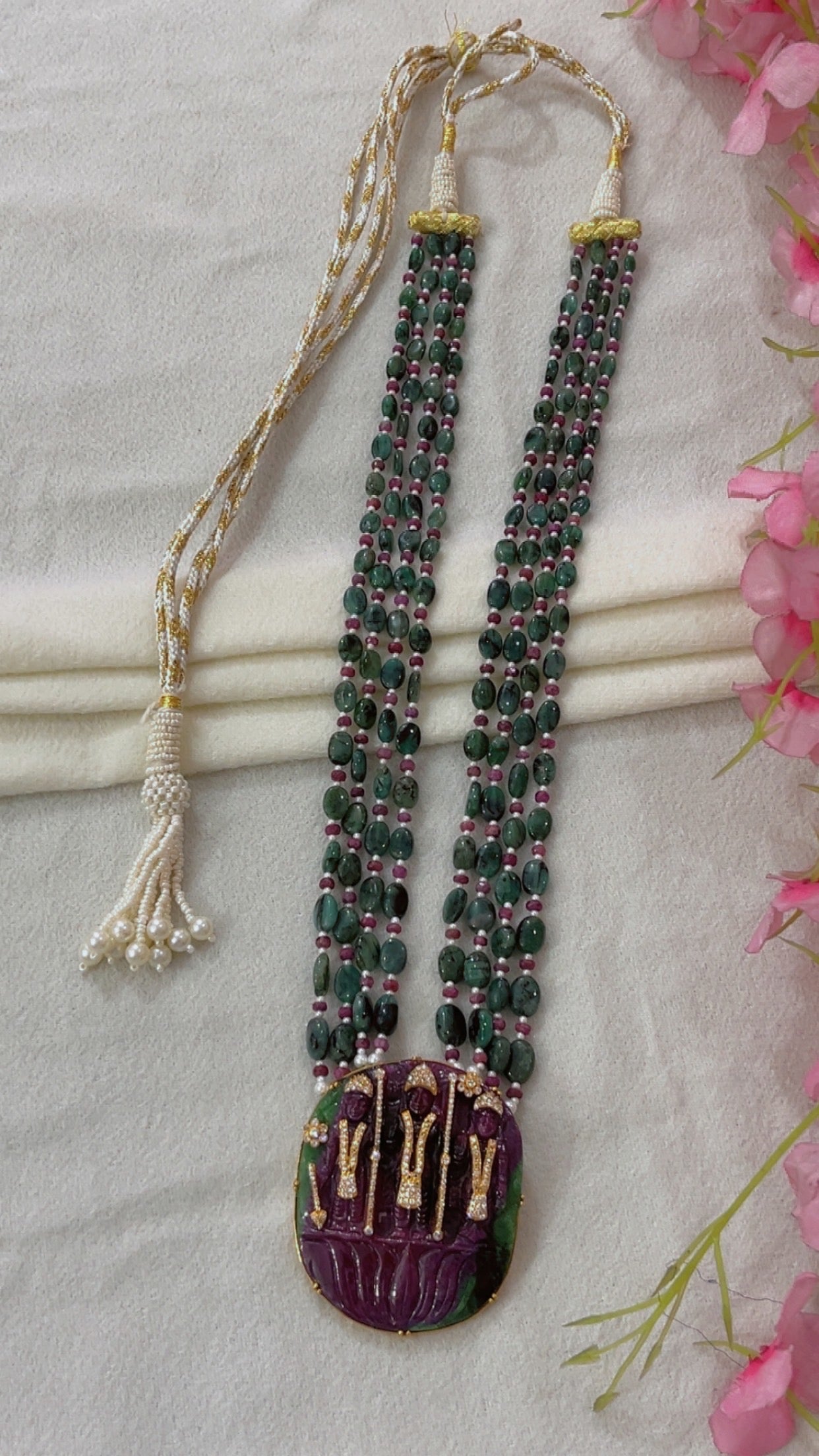 Natural Ruby & Emerald 925 Silver Necklace with Ruby Ram Darbar Carving