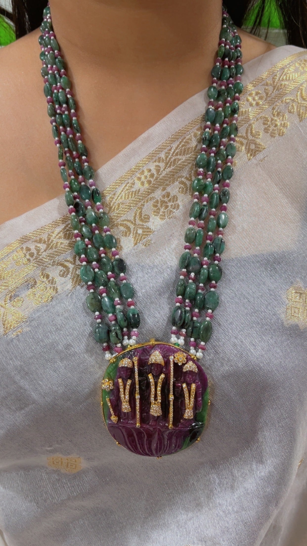 Natural Ruby & Emerald 925 Silver Necklace with Ruby Ram Darbar Carving