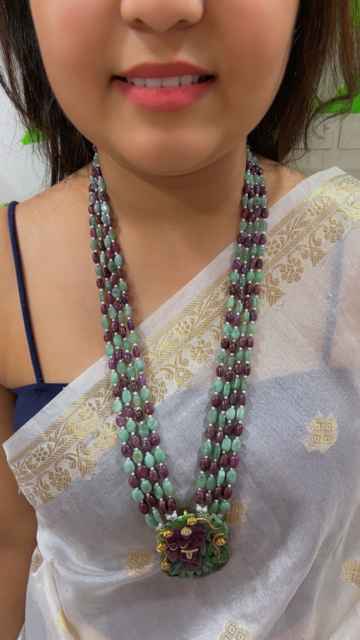 Natural Ruby & Emerald 925 Silver Necklace with Ruby Krishna Ji Carving