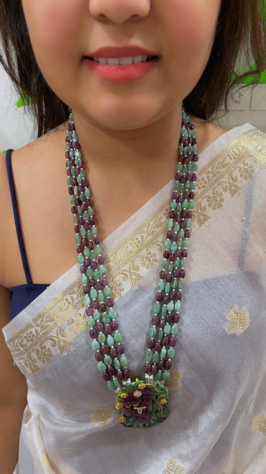 Natural Ruby & Emerald 925 Silver Necklace with Ruby Krishna Ji Carving
