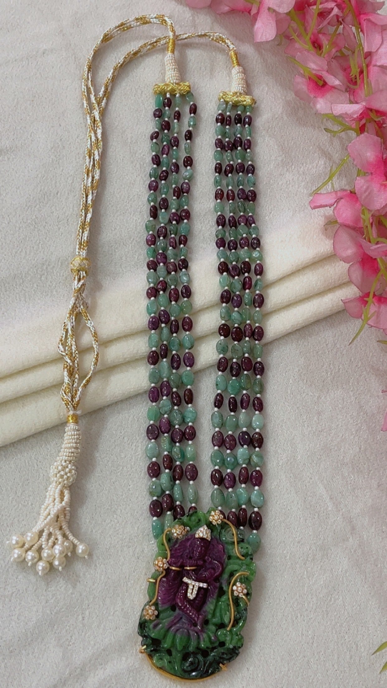 Natural Ruby & Emerald 925 Silver Necklace with Ruby Krishna Ji Carving