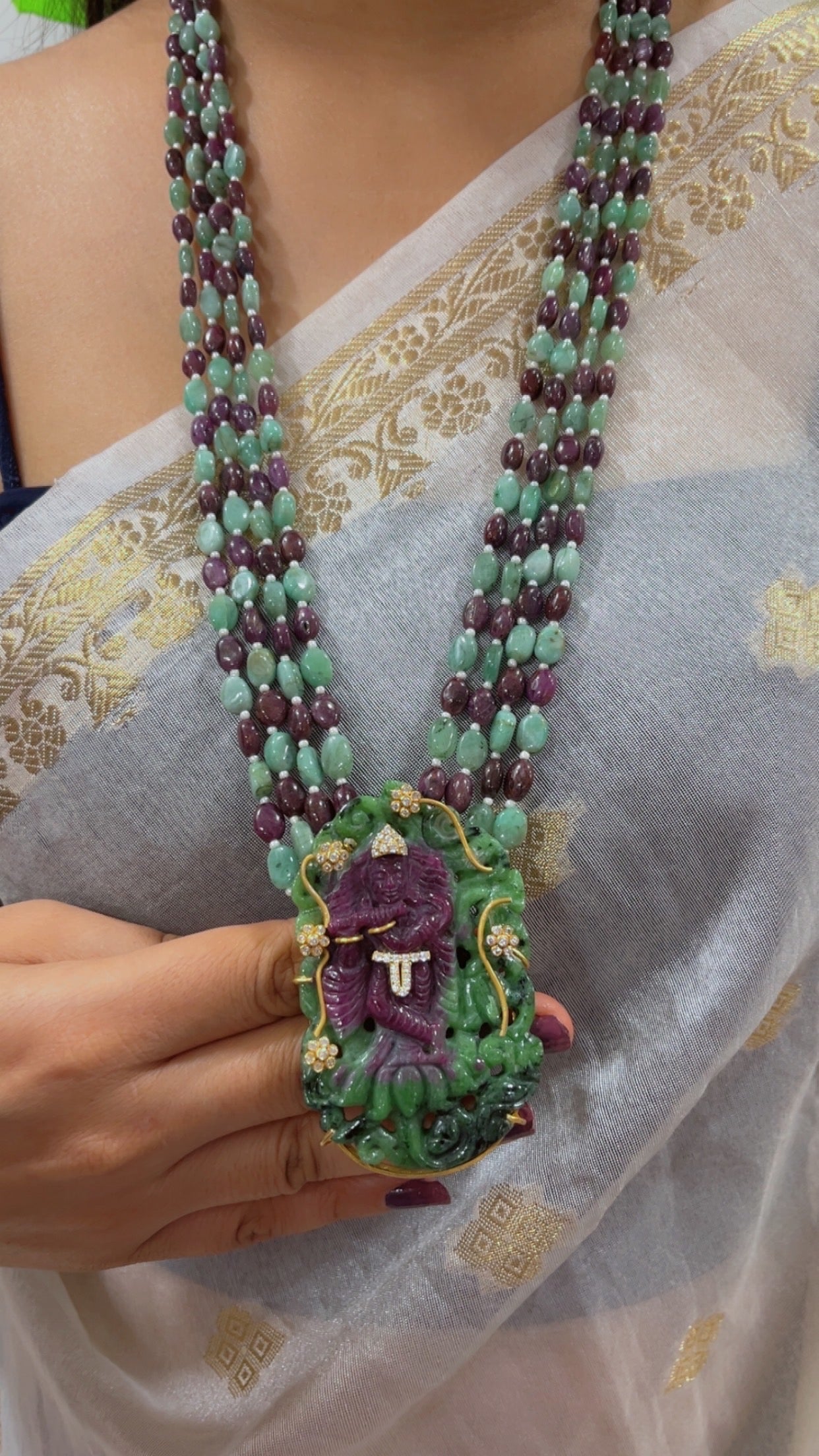 Natural Ruby & Emerald 925 Silver Necklace with Ruby Krishna Ji Carving