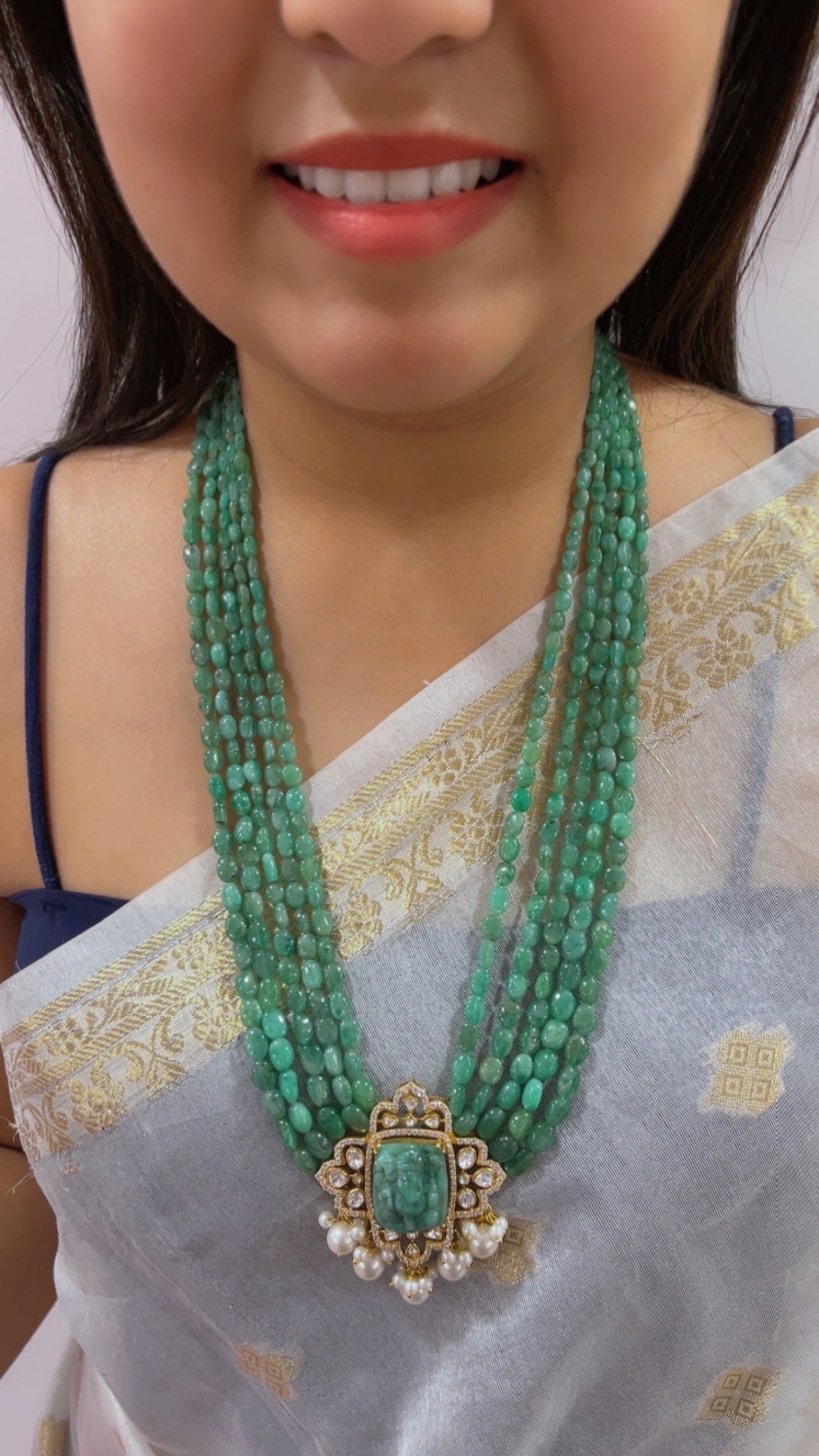 Natural Emerald 925 Silver Necklace with Emerald Ganesh ji Carving