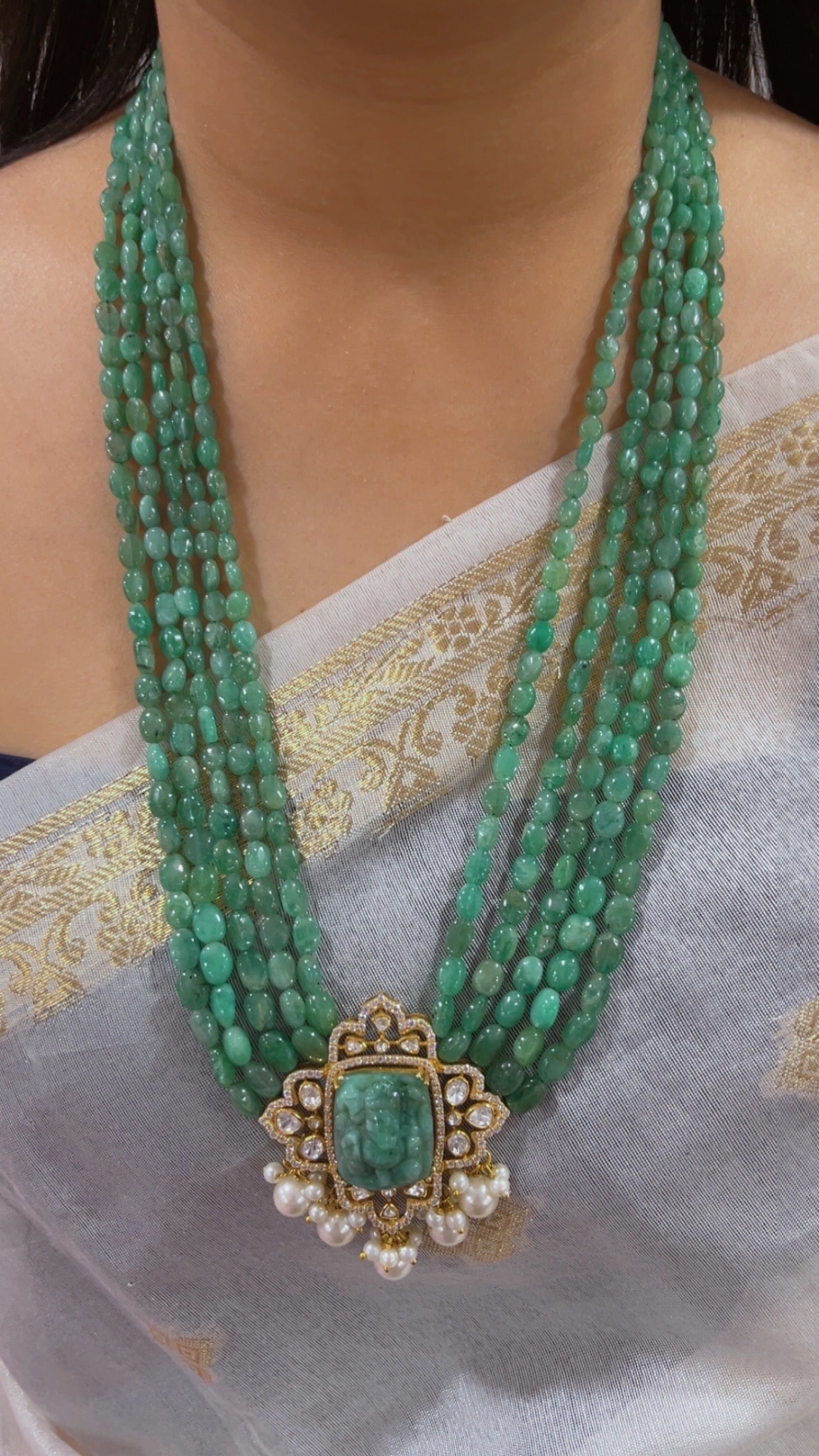 Natural Emerald 925 Silver Necklace with Emerald Ganesh ji Carving