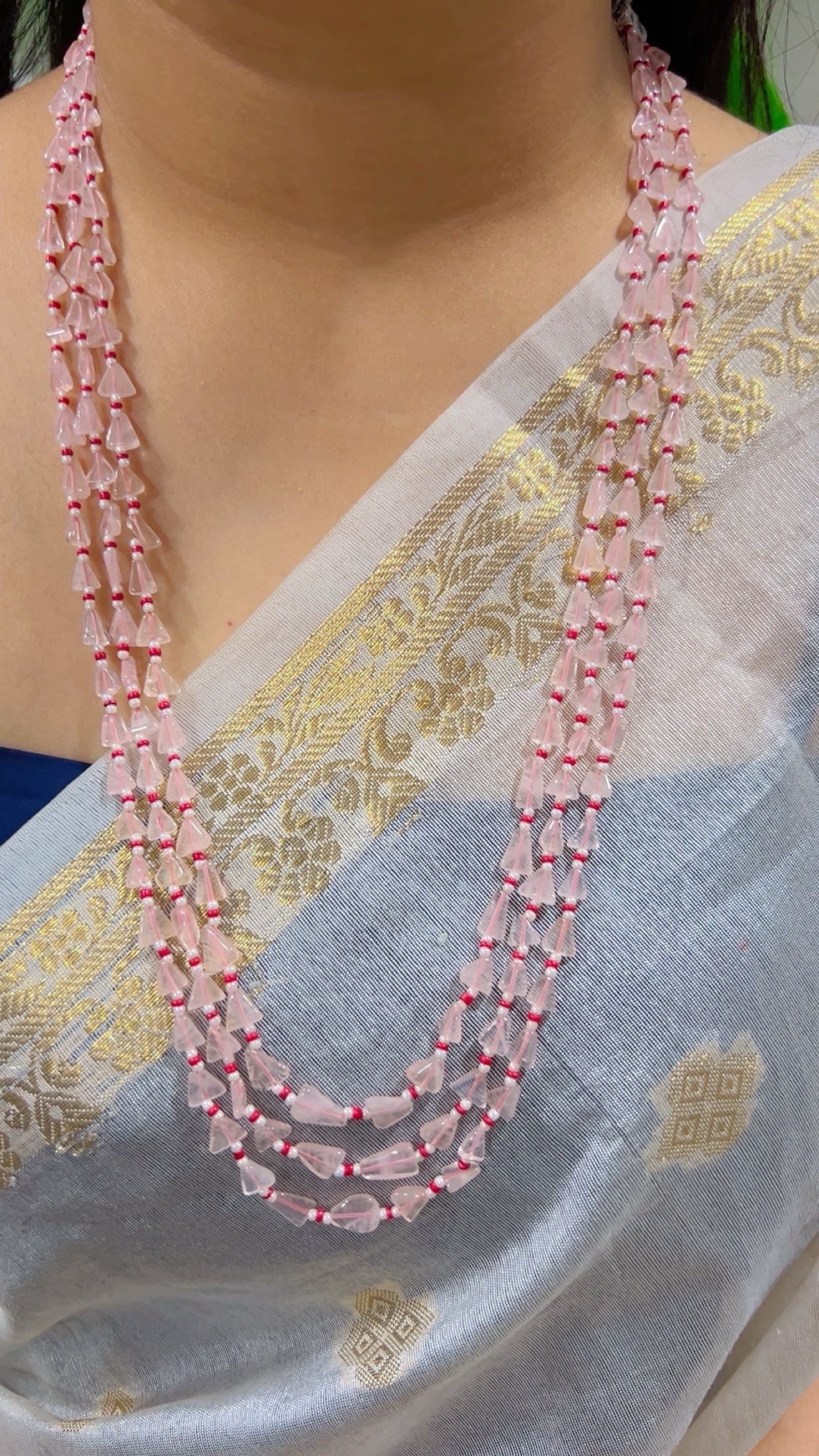 Natural Rose Quartz, Coral & Pearl Gemstone Beads Necklace Jewelry