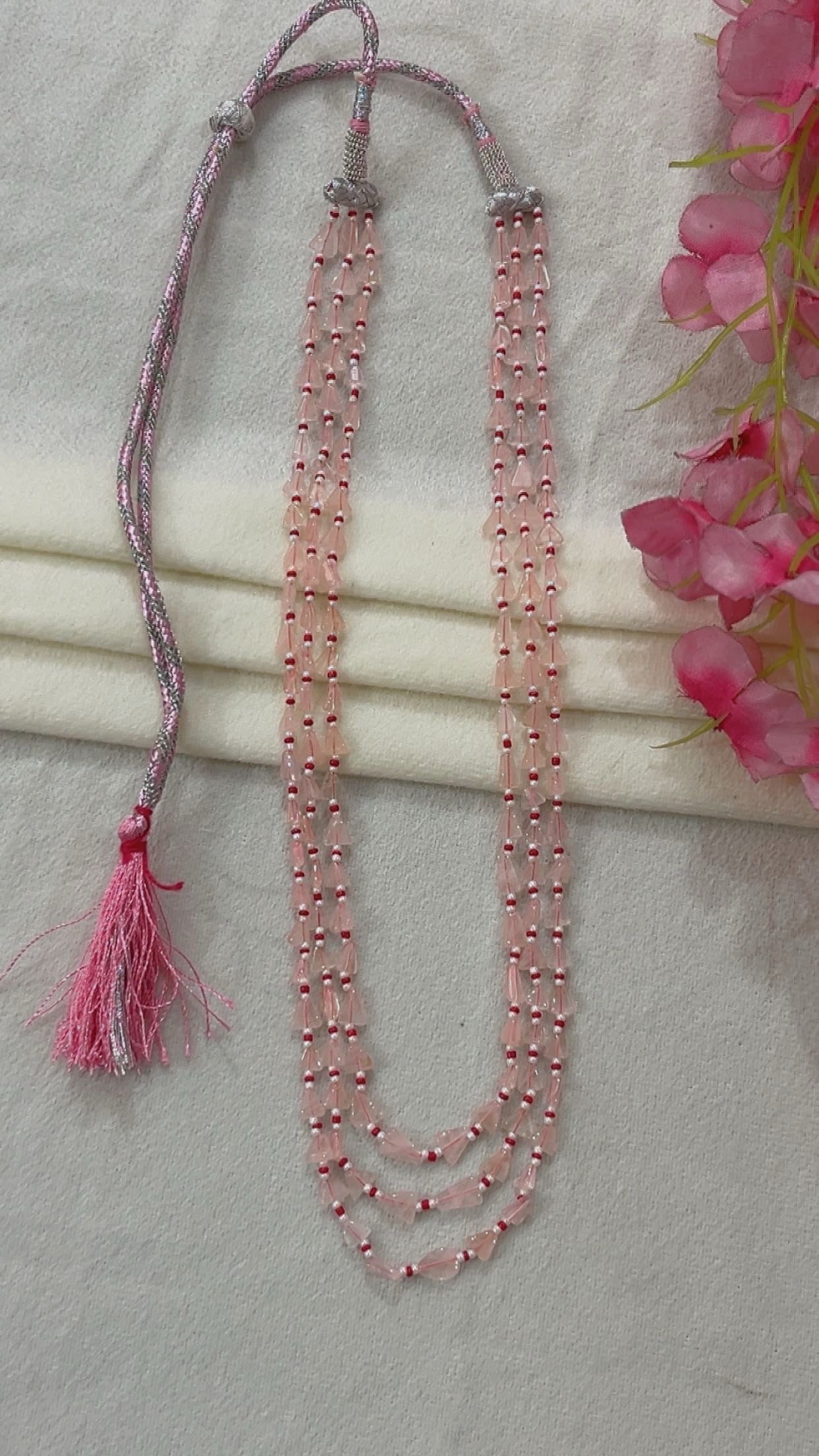 Natural Rose Quartz, Coral & Pearl Gemstone Beads Necklace Jewelry