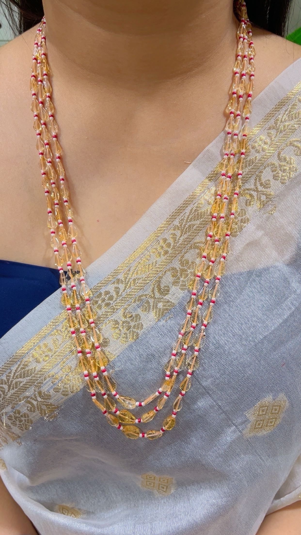 Natural Citrine, Coral & Pearl Gemstone Beads Necklace Jewelry