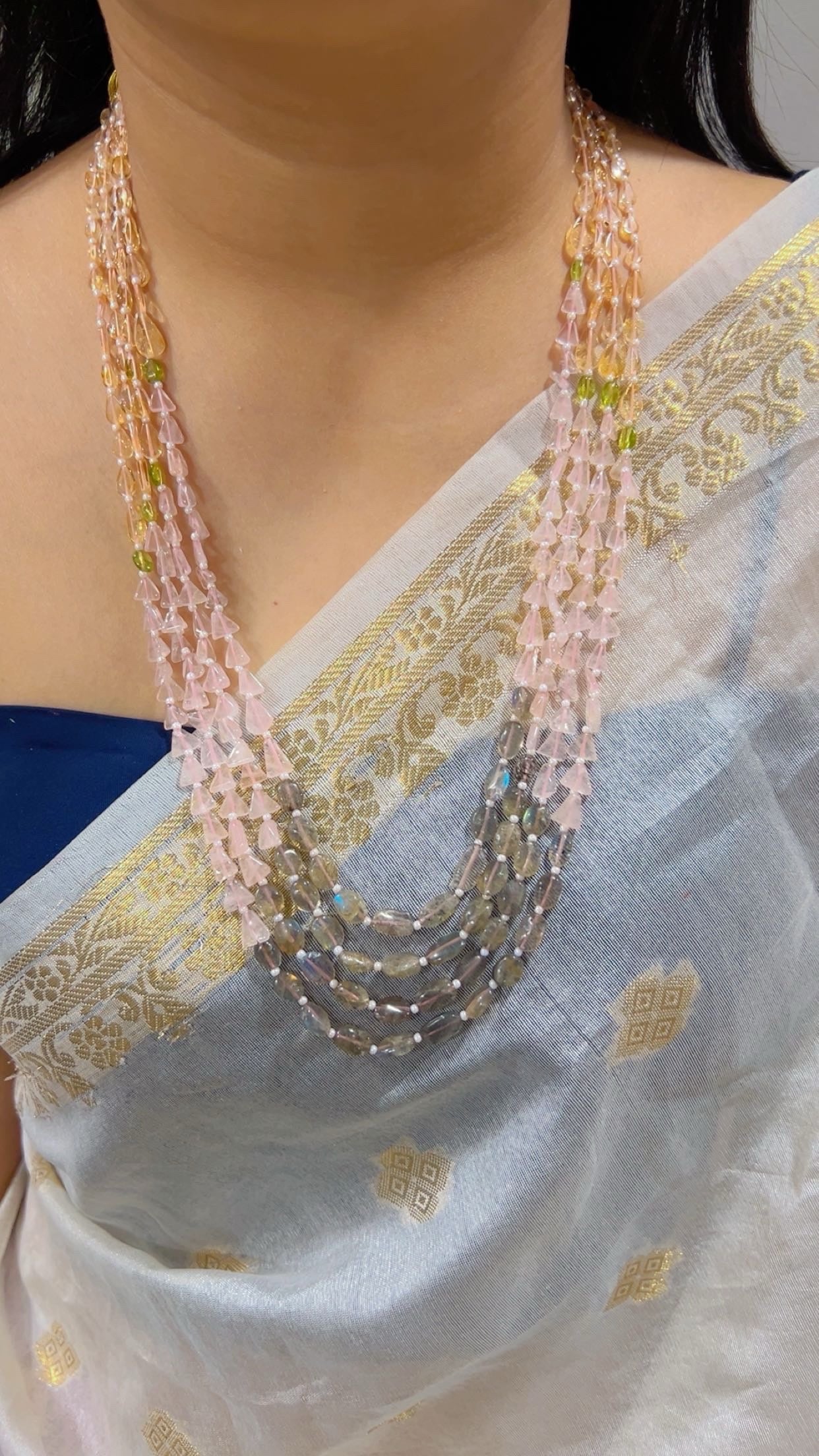 Natural Citrine, Rose Quartz, Labradorite & Peridot Gemstone Beads Necklace Jewelry