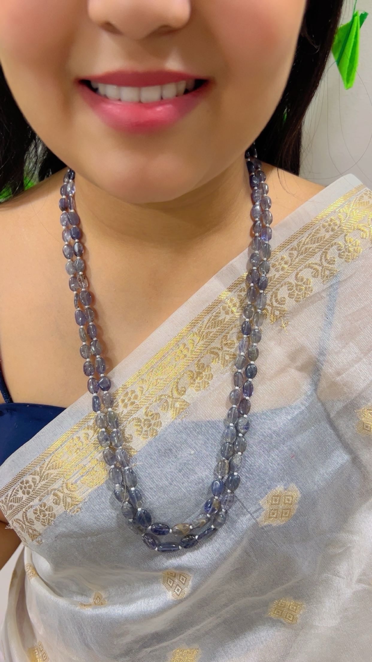 Natural Iolite & Pearl Gemstone Beads Necklace Jewelry