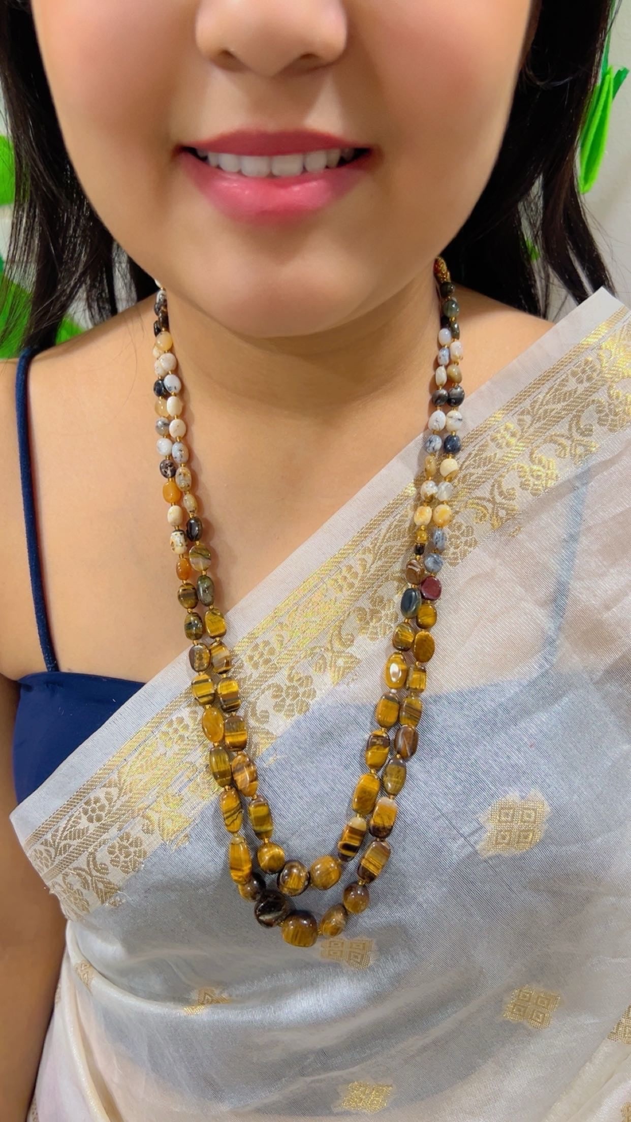 Natural Tiger's Eye & Dendritic Opal Gemstone Beads Necklace Jewelry