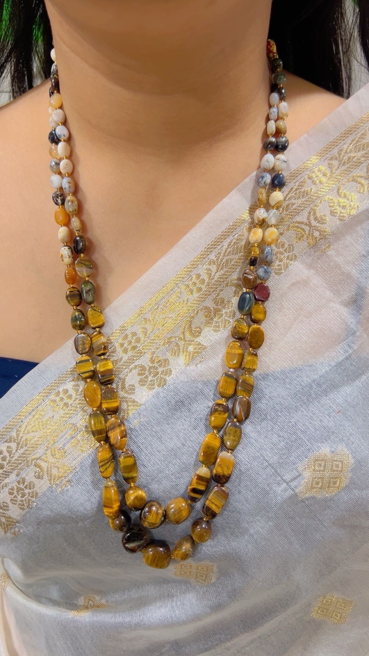 Natural Tiger's Eye & Dendritic Opal Gemstone Beads Necklace Jewelry