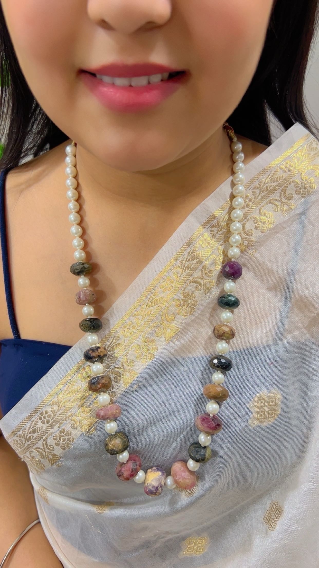 Natural Rhodonite & Pearl Gemstone Beads Necklace Jewelry