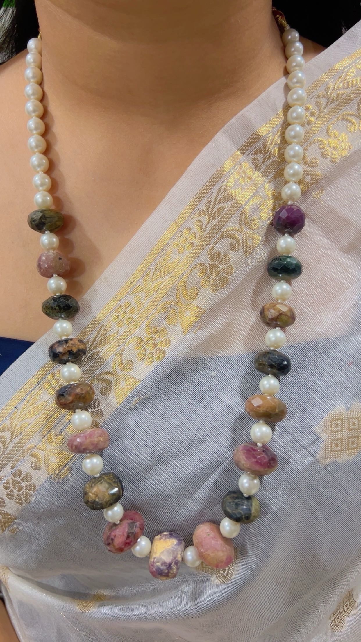 Natural Rhodonite & Pearl Gemstone Beads Necklace Jewelry