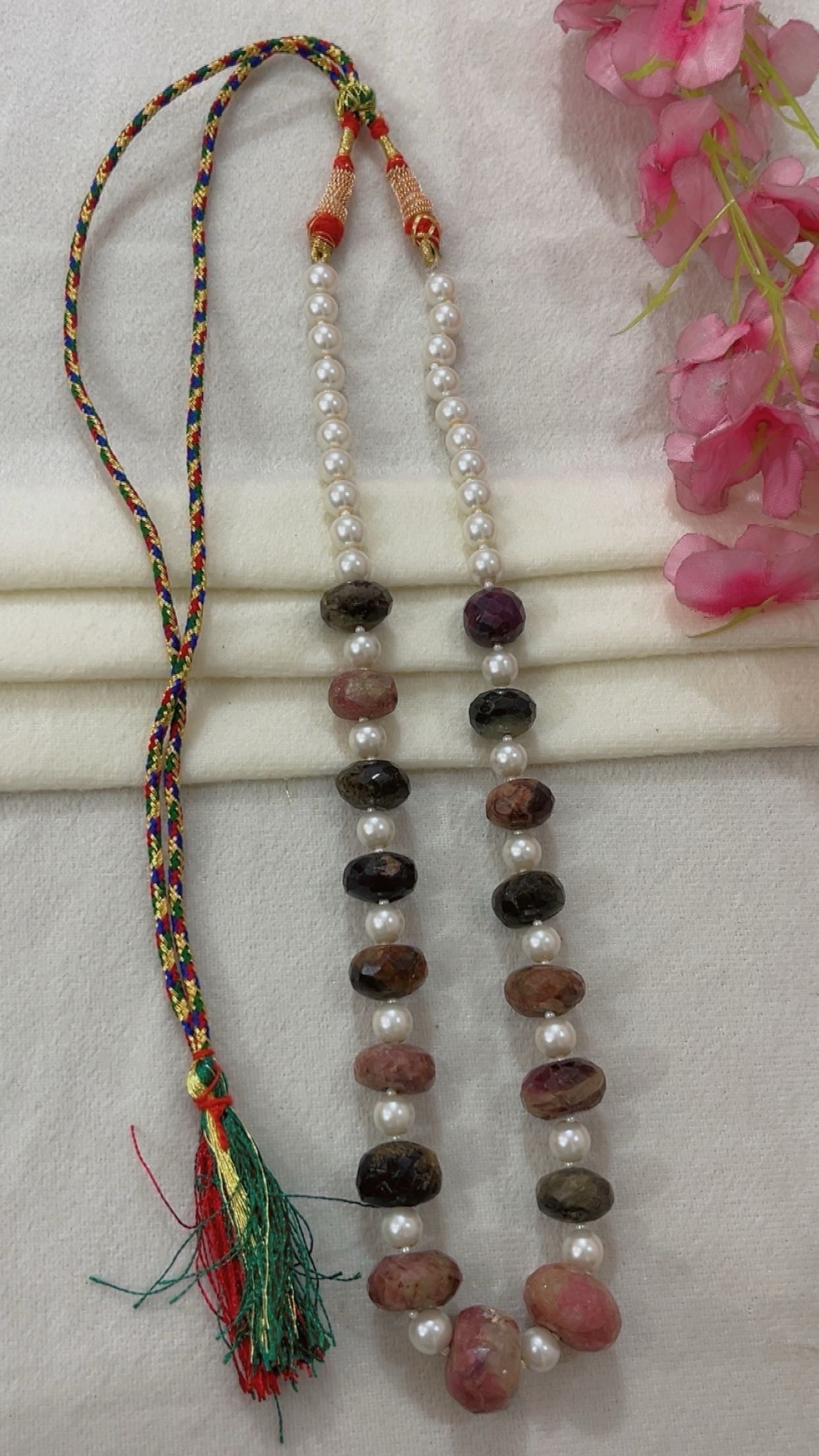 Natural Rhodonite & Pearl Gemstone Beads Necklace Jewelry
