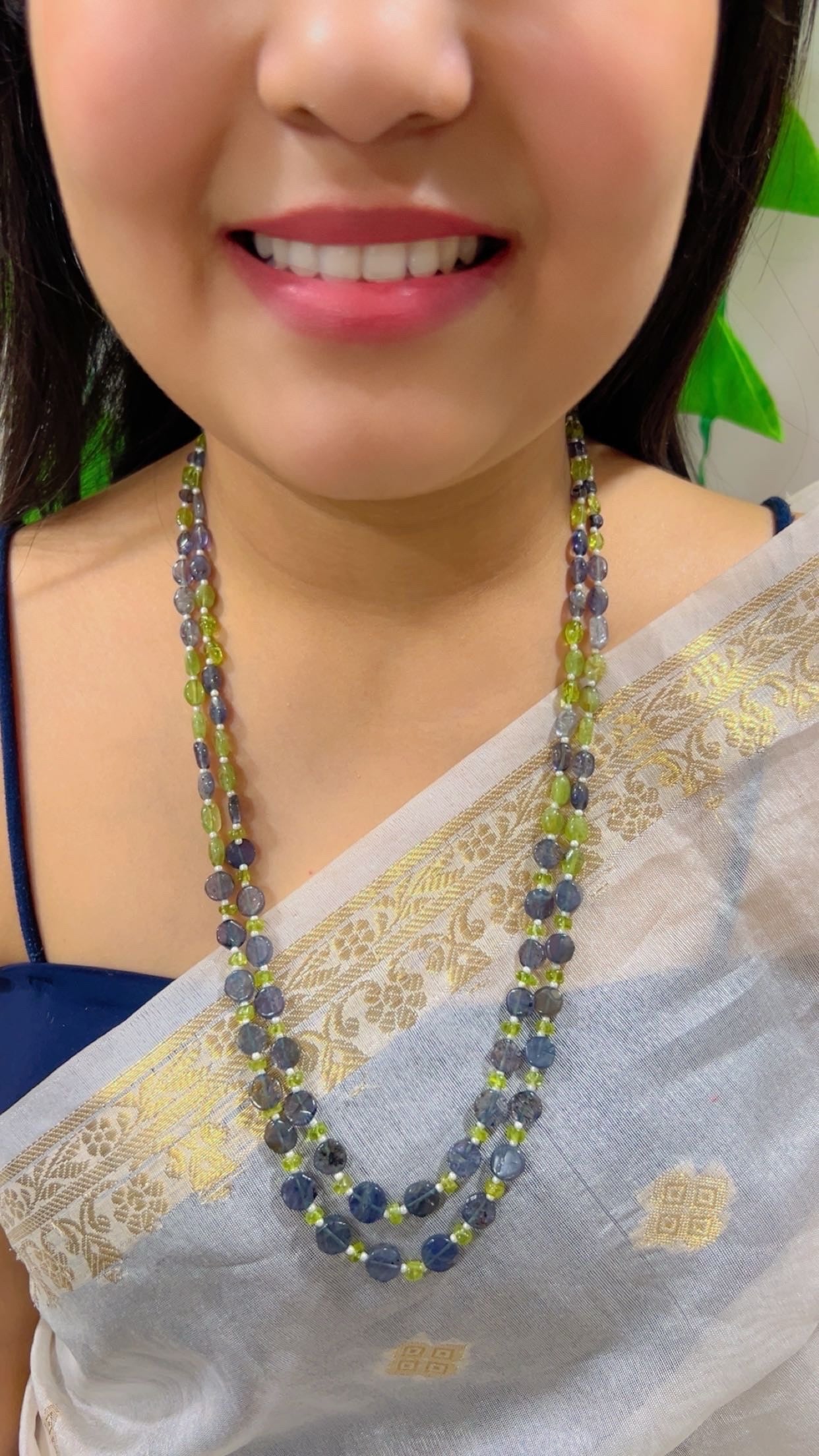 Natural Peridot & Iolite Gemstone Beads Necklace Jewelry
