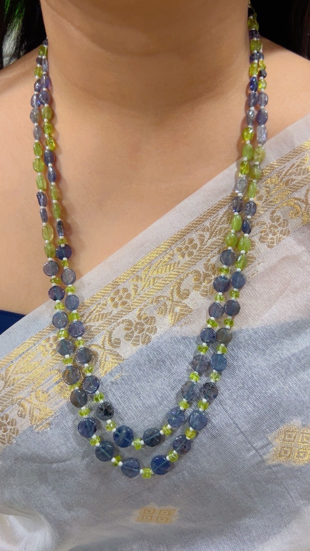 Natural Peridot & Iolite Gemstone Beads Necklace Jewelry