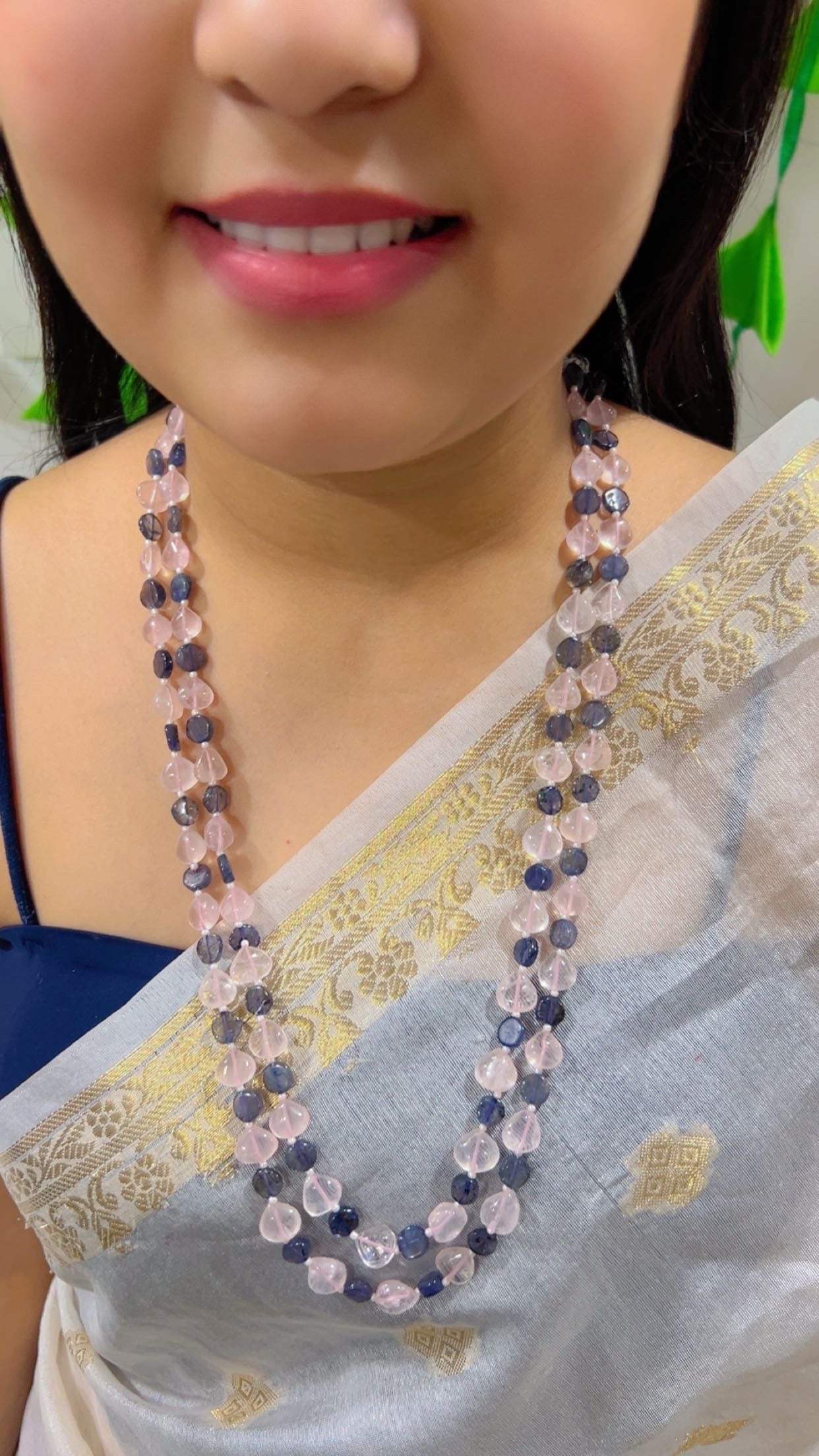 Natural Rose Quartz & Iolite Gemstone Beads Necklace Jewelry