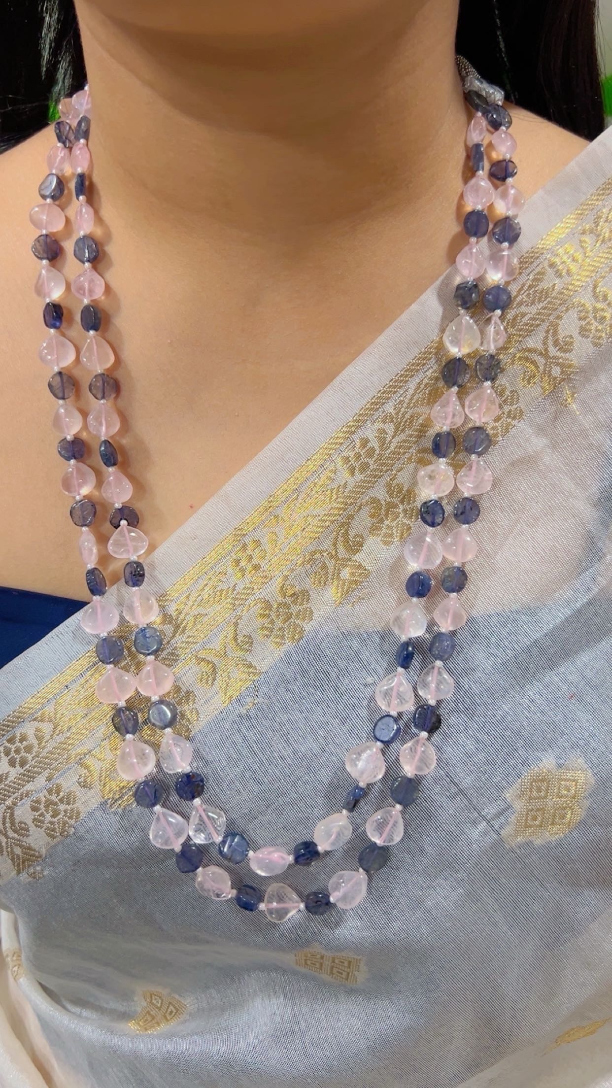 Natural Rose Quartz & Iolite Gemstone Beads Necklace Jewelry