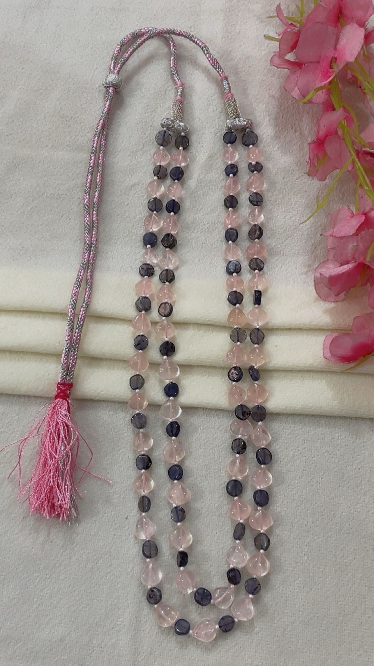 Natural Rose Quartz & Iolite Gemstone Beads Necklace Jewelry