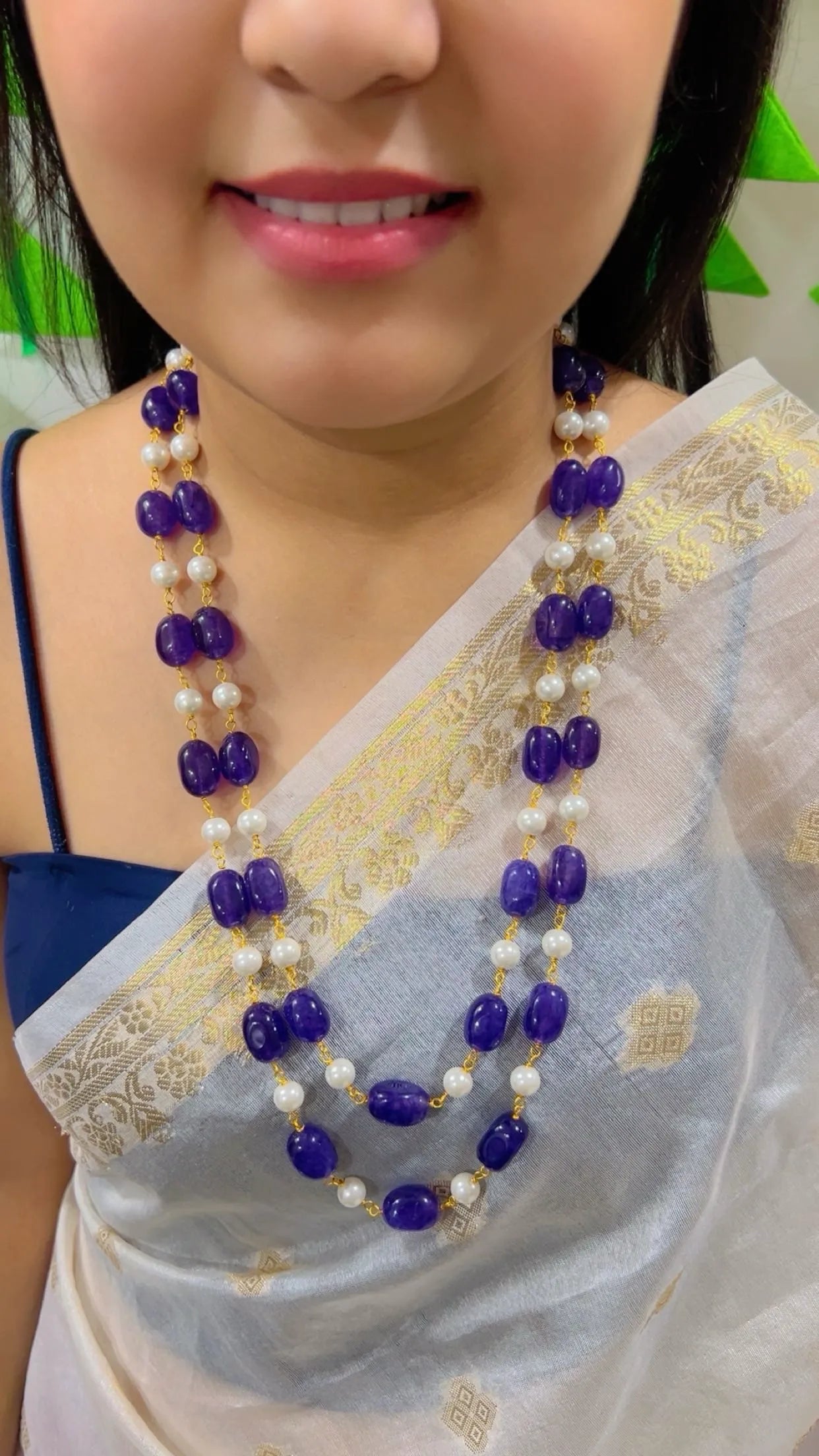 Natural Purple Quartz & Pearl Gemstone Beads Necklace Jewelry